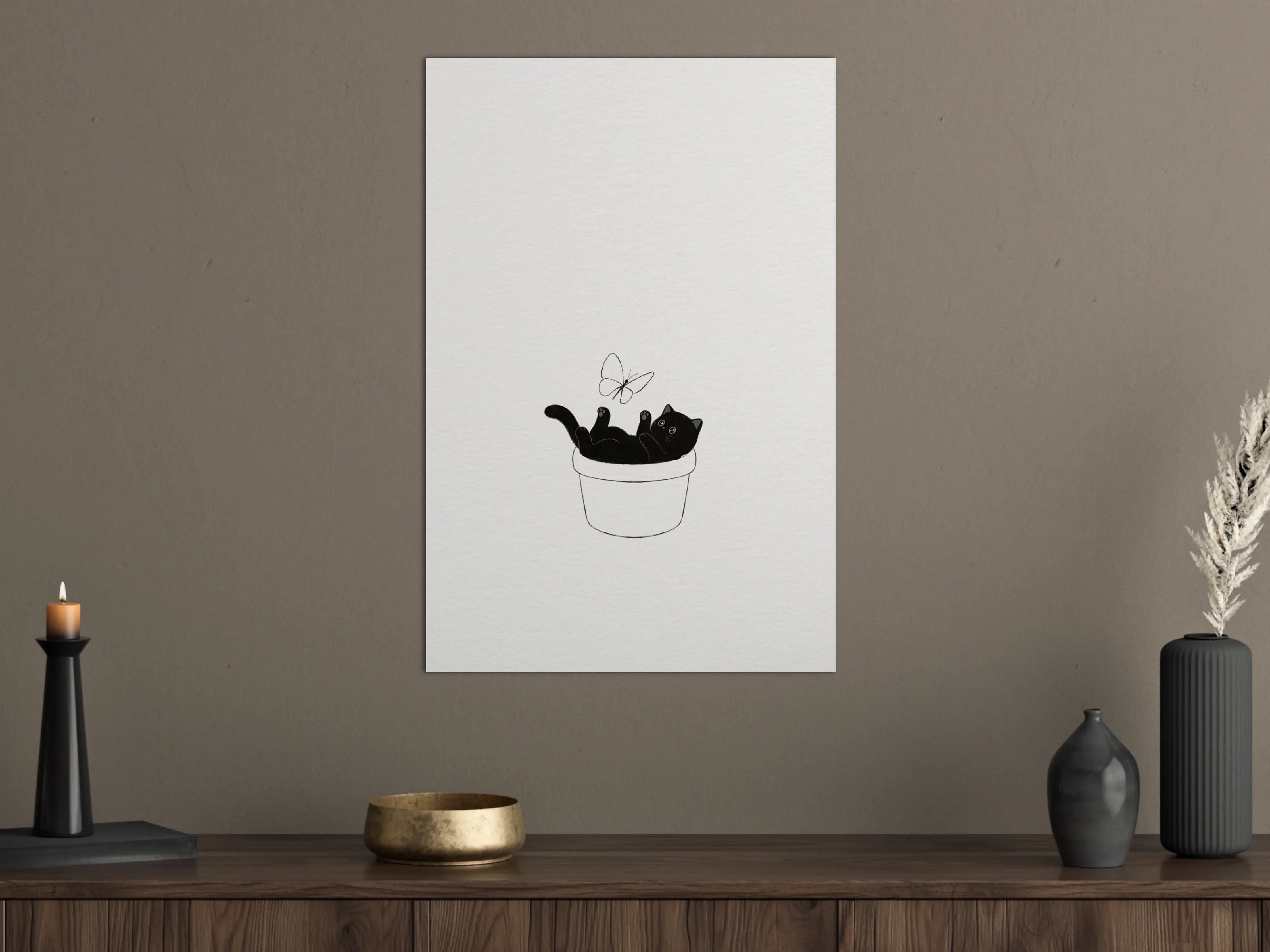 Große Wandbilder - Schwarz-weiße Katzenillustration im Topf