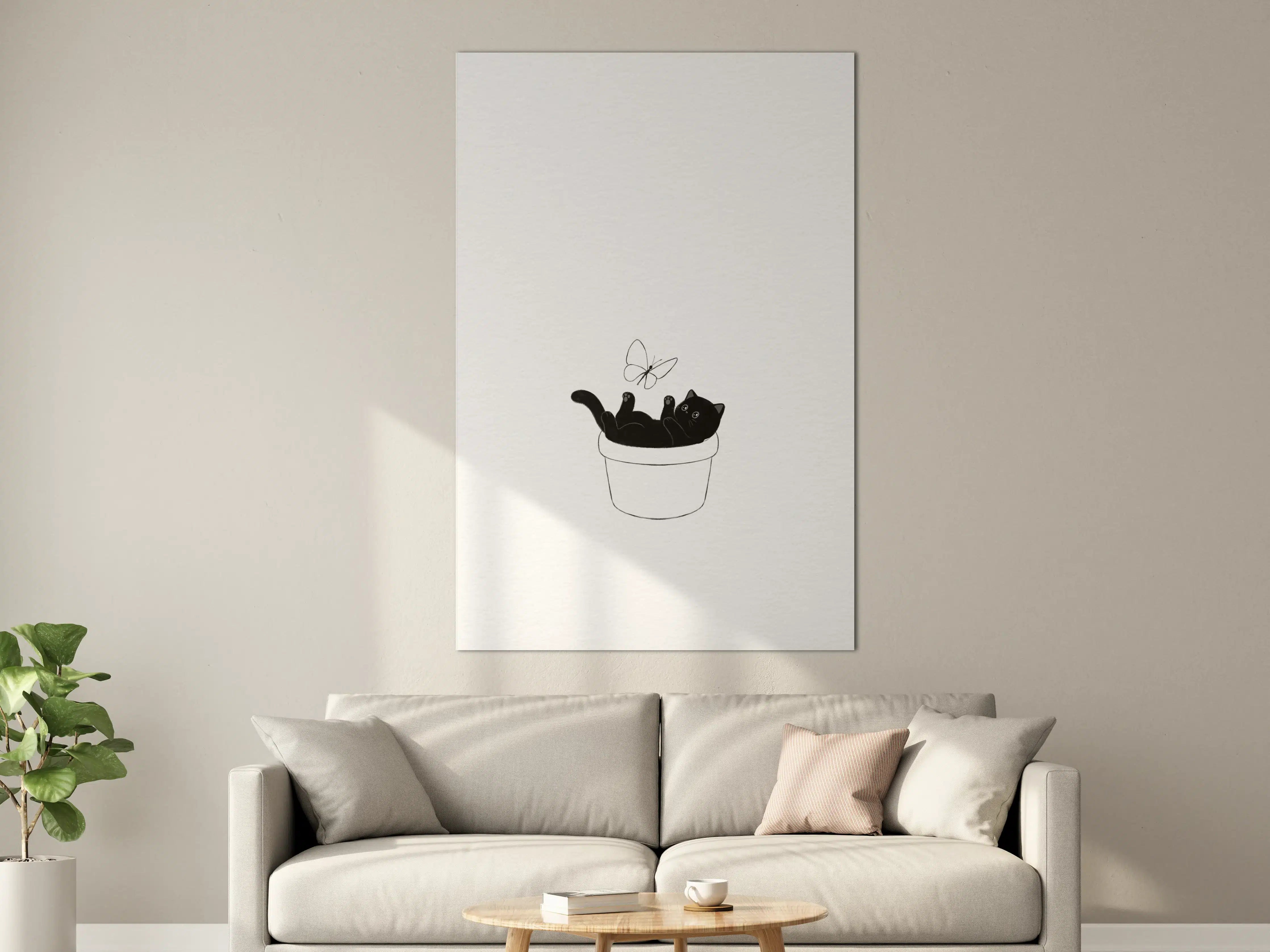 Große Wandbilder - Schwarz-weiße Katzenillustration im Topf