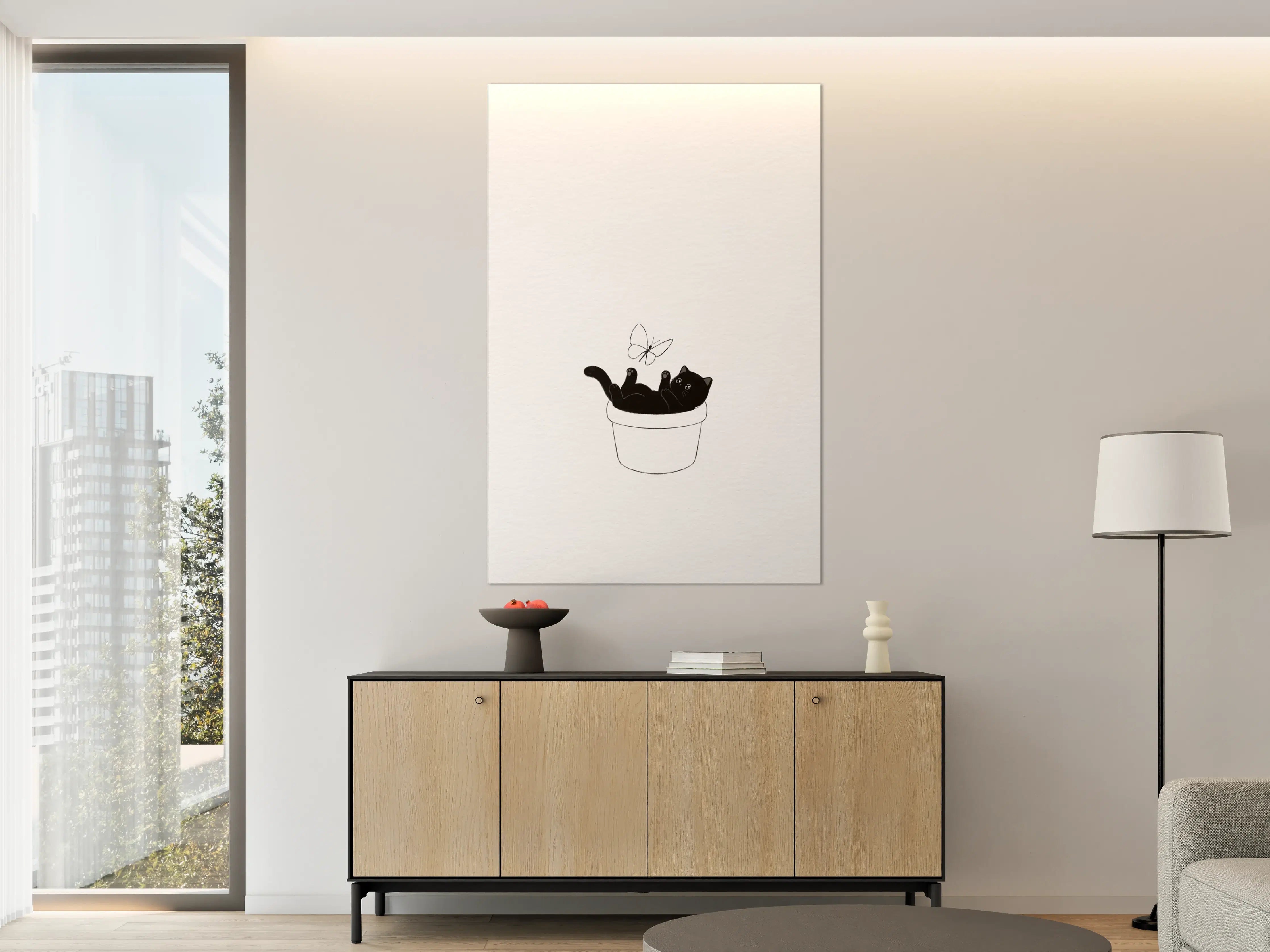 Große Wandbilder - Schwarz-weiße Katzenillustration im Topf