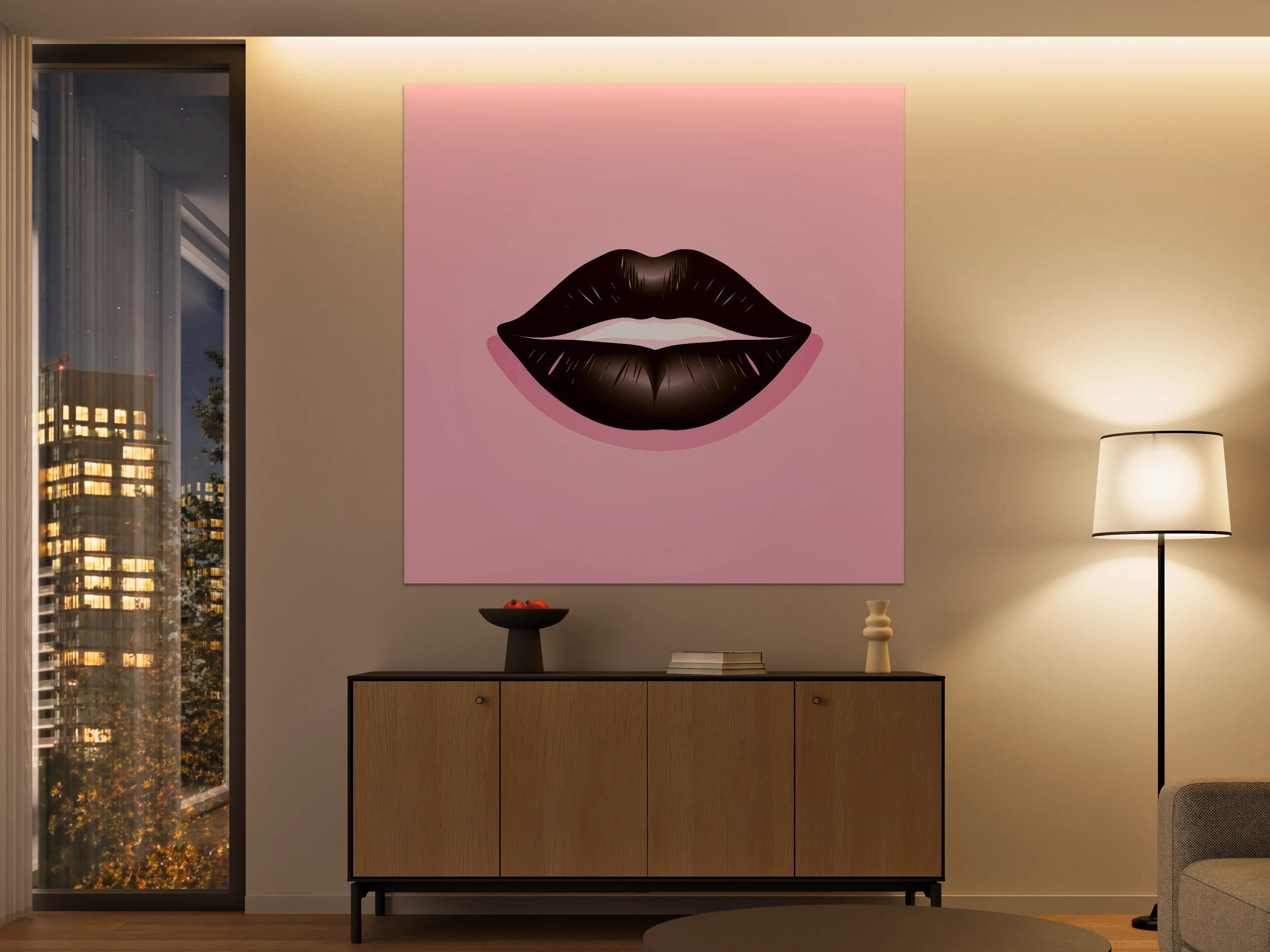 Große Wandbilder - Schwarz-weiße Lippen auf pinkem Hintergrund