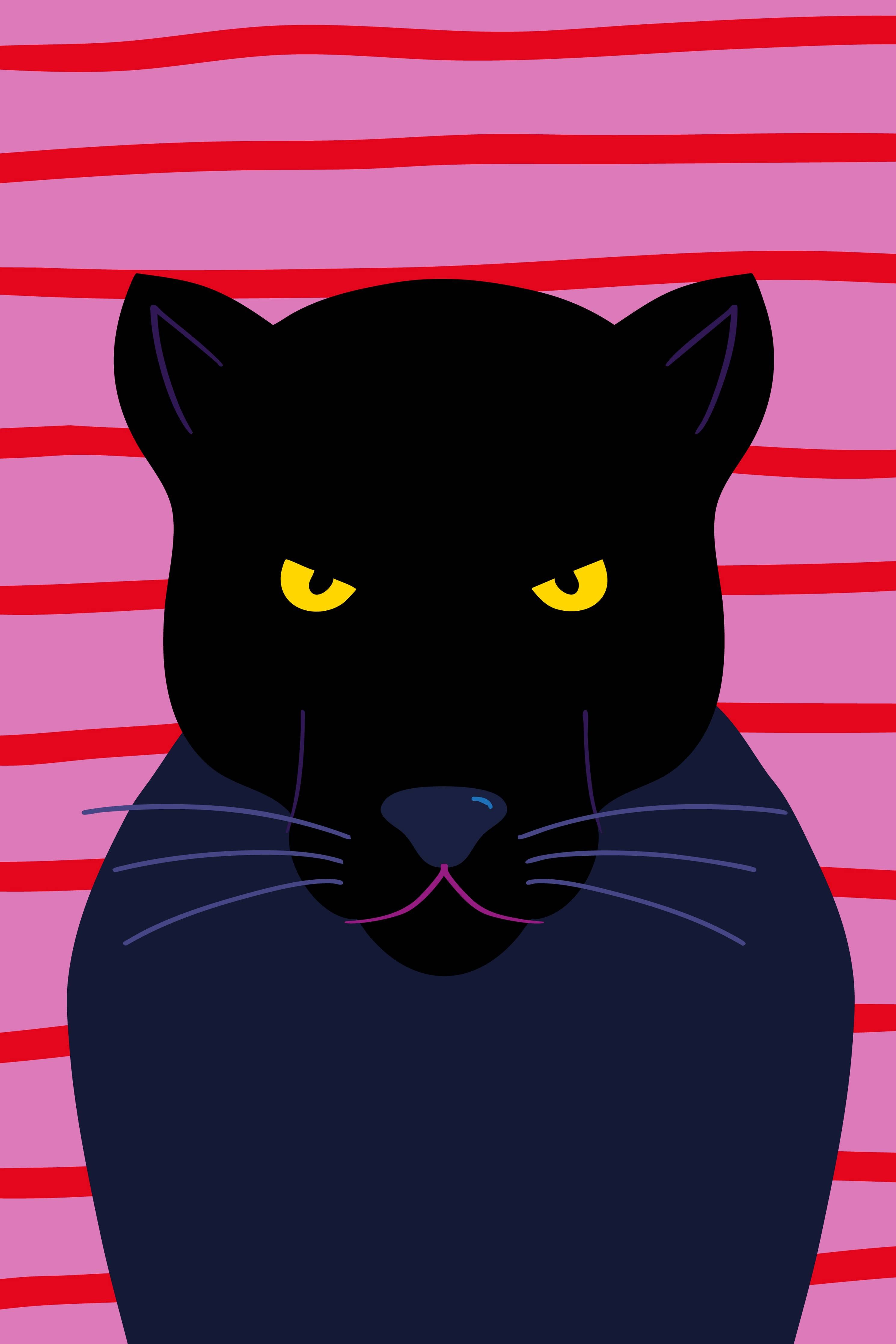 Große Wandbilder-Schwarze Katze auf pink-gestreiftem Hintergrund