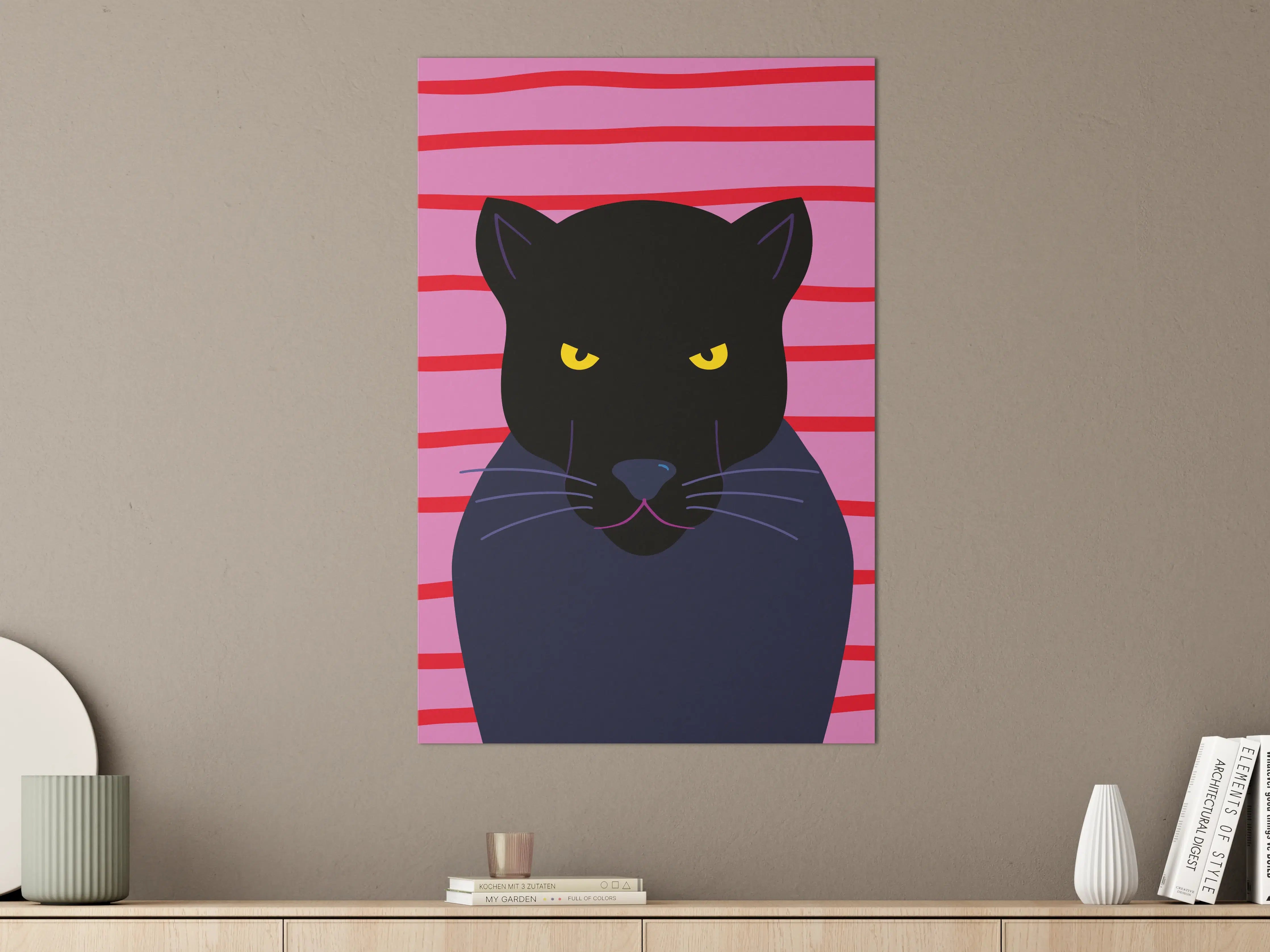 Große Wandbilder - Schwarze Katze auf pink-gestreiftem Hintergrund
