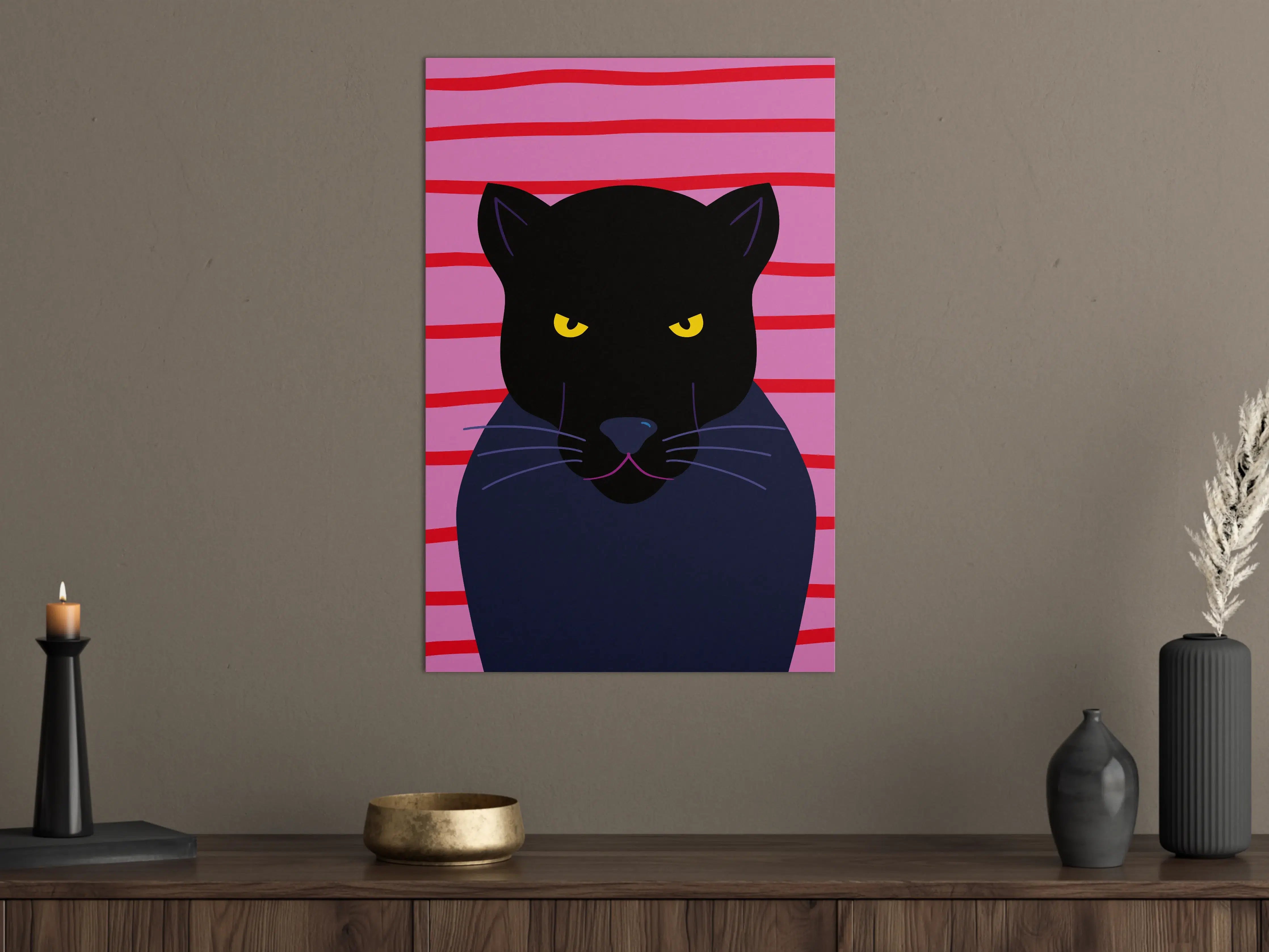 Große Wandbilder - Schwarze Katze auf pink-gestreiftem Hintergrund