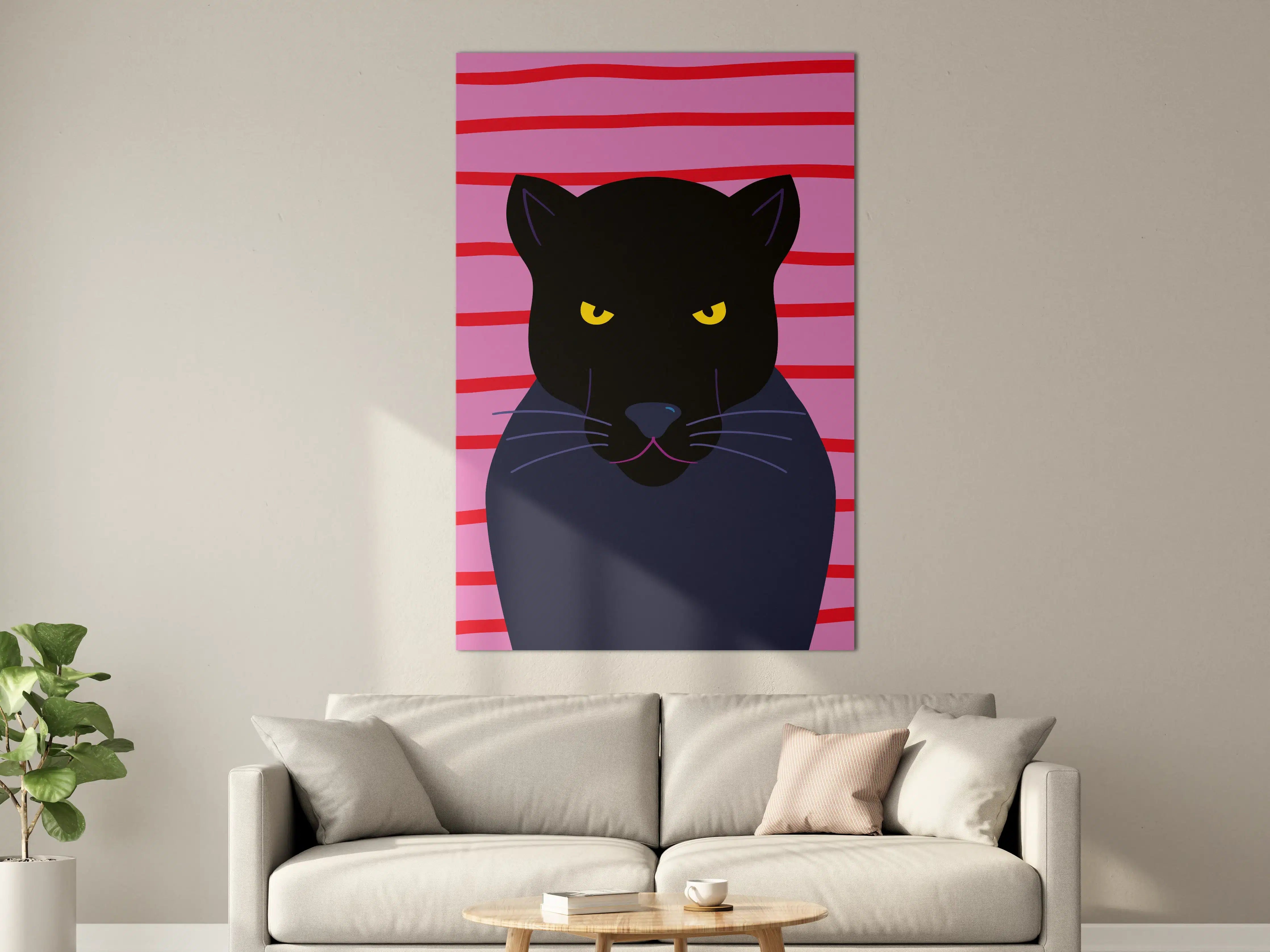 Große Wandbilder - Schwarze Katze auf pink-gestreiftem Hintergrund