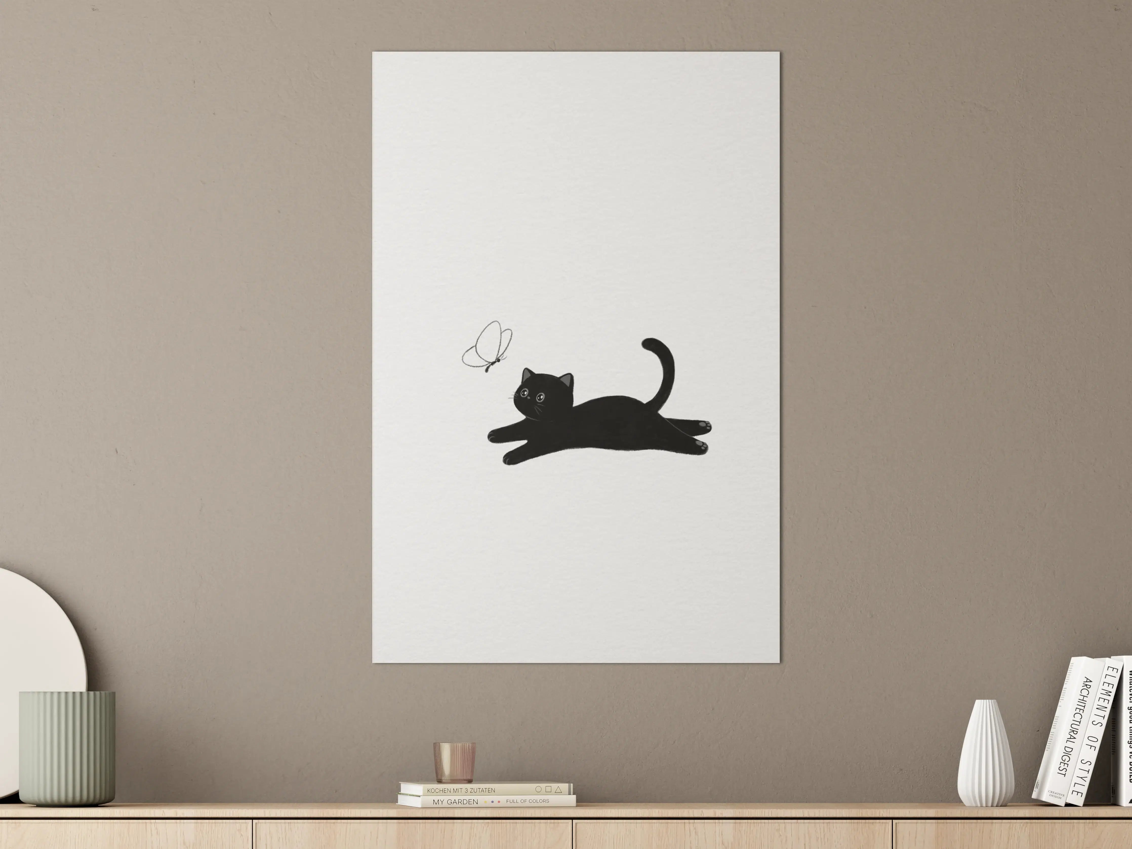 Große Wandbilder - Schwarze Katze mit Schmetterling