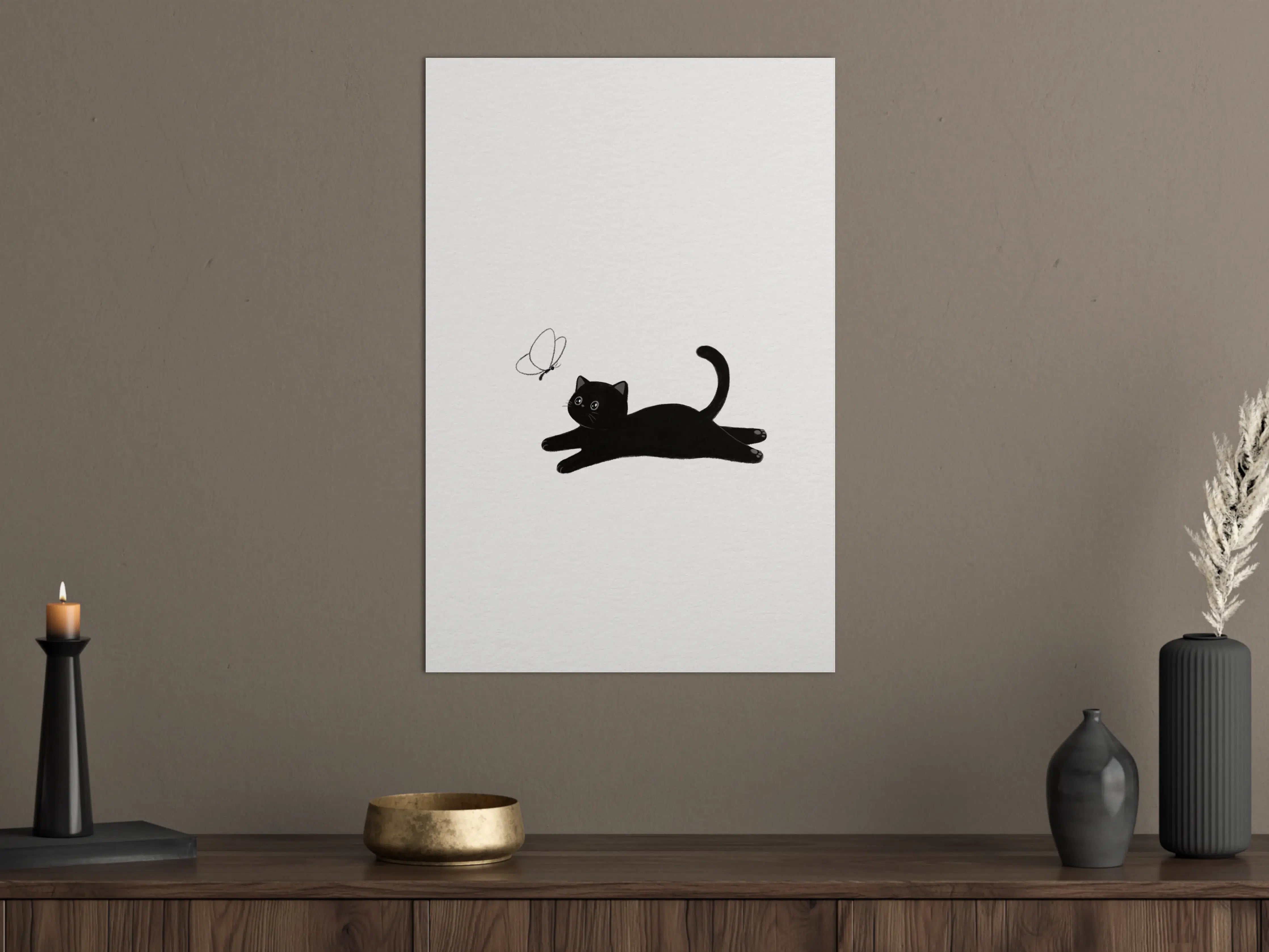 Große Wandbilder - Schwarze Katze mit Schmetterling