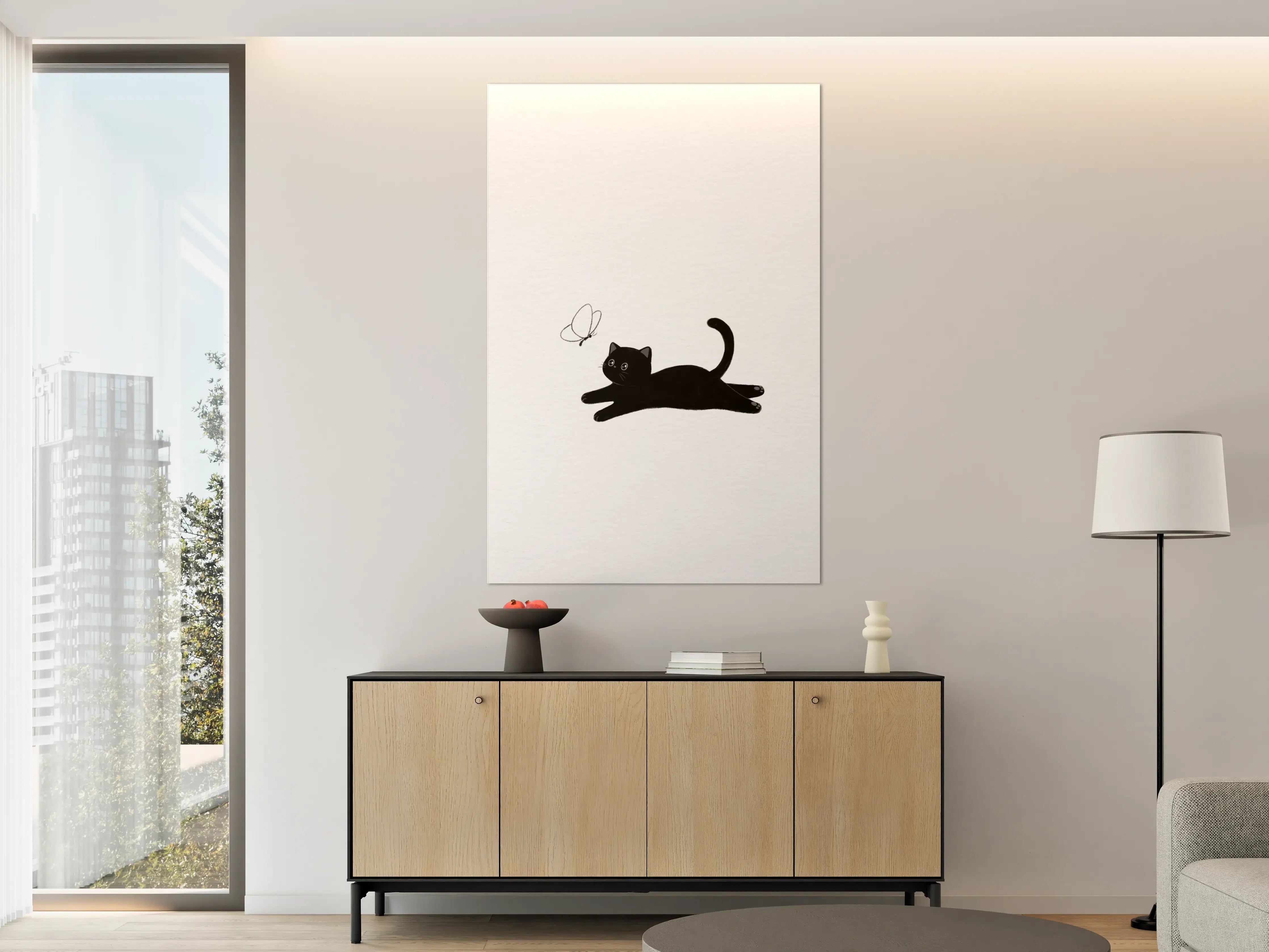 Große Wandbilder - Schwarze Katze mit Schmetterling