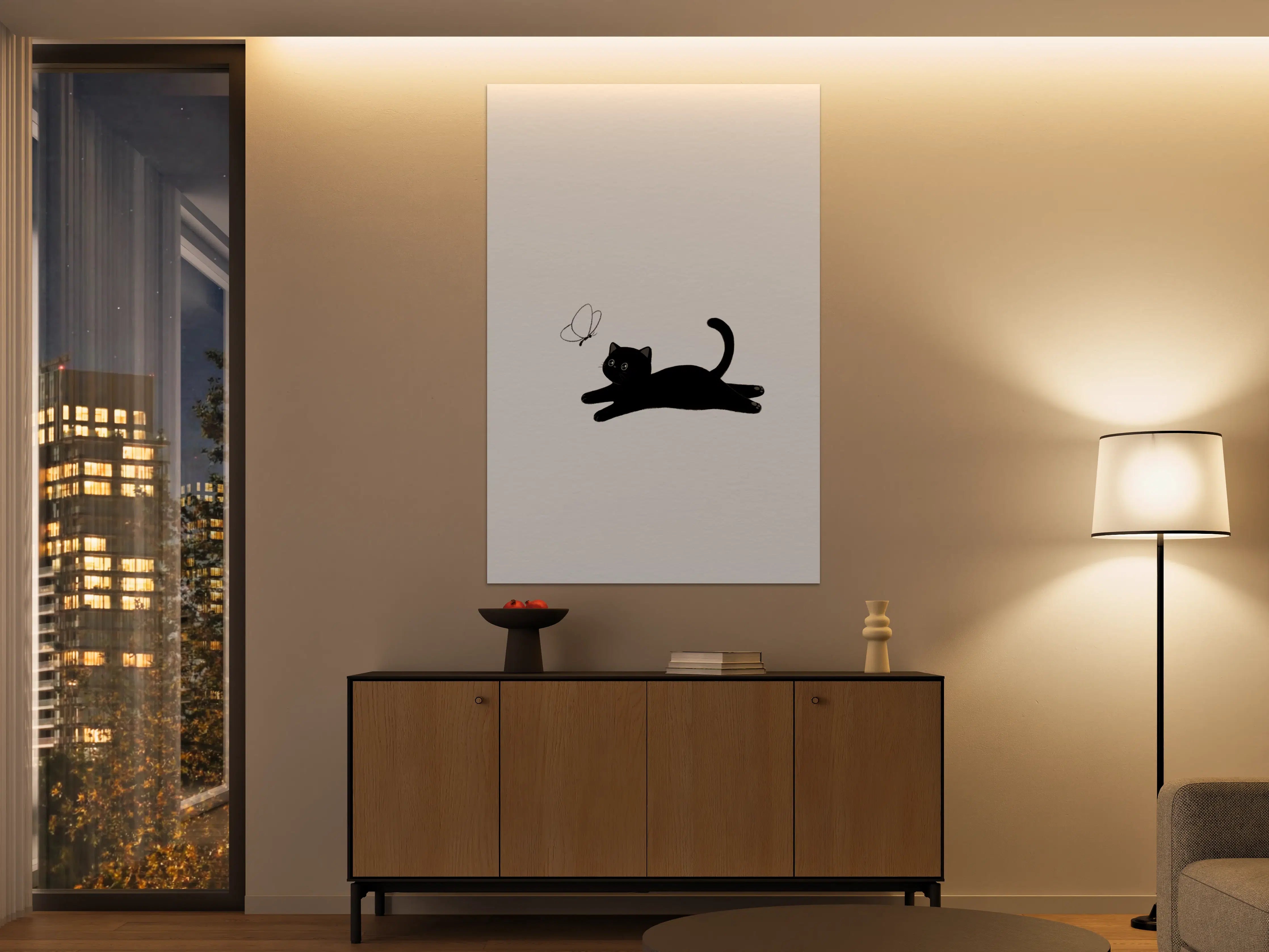 Große Wandbilder - Schwarze Katze mit Schmetterling