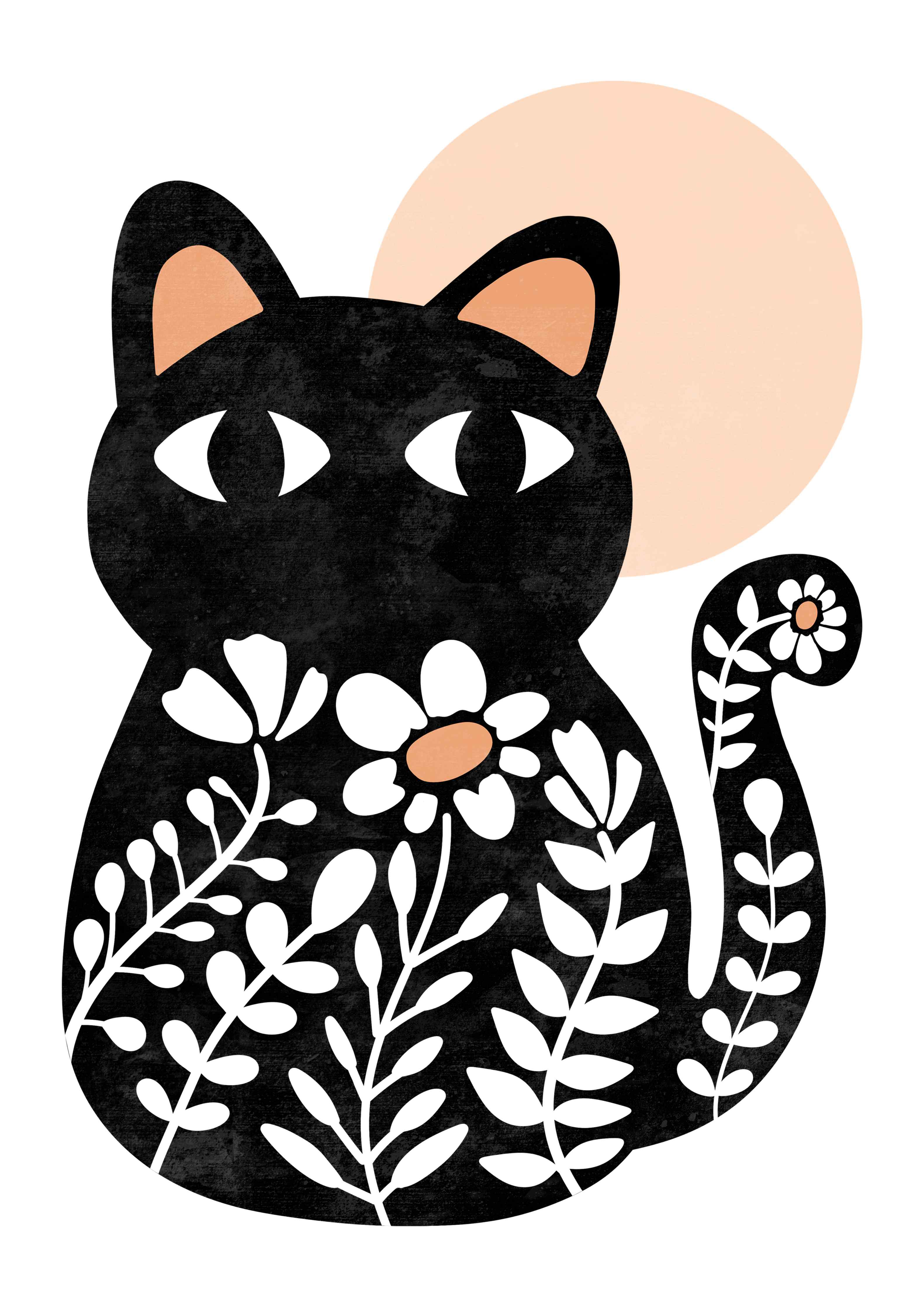 Große Wandbilder-Schwarze Katzenillustration mit Blumen und Mond