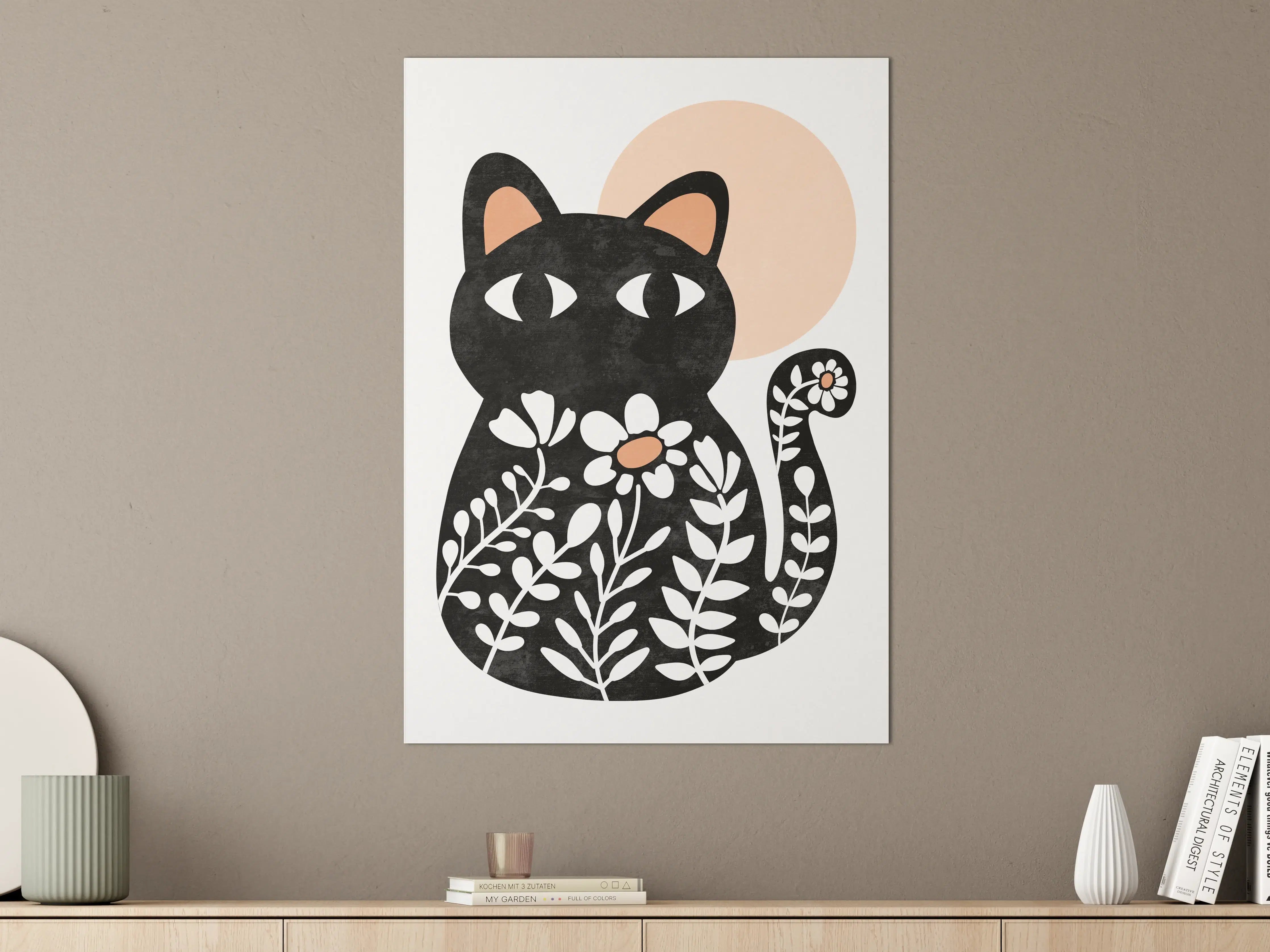 Große Wandbilder - Schwarze Katzenillustration mit Blumen und Mond