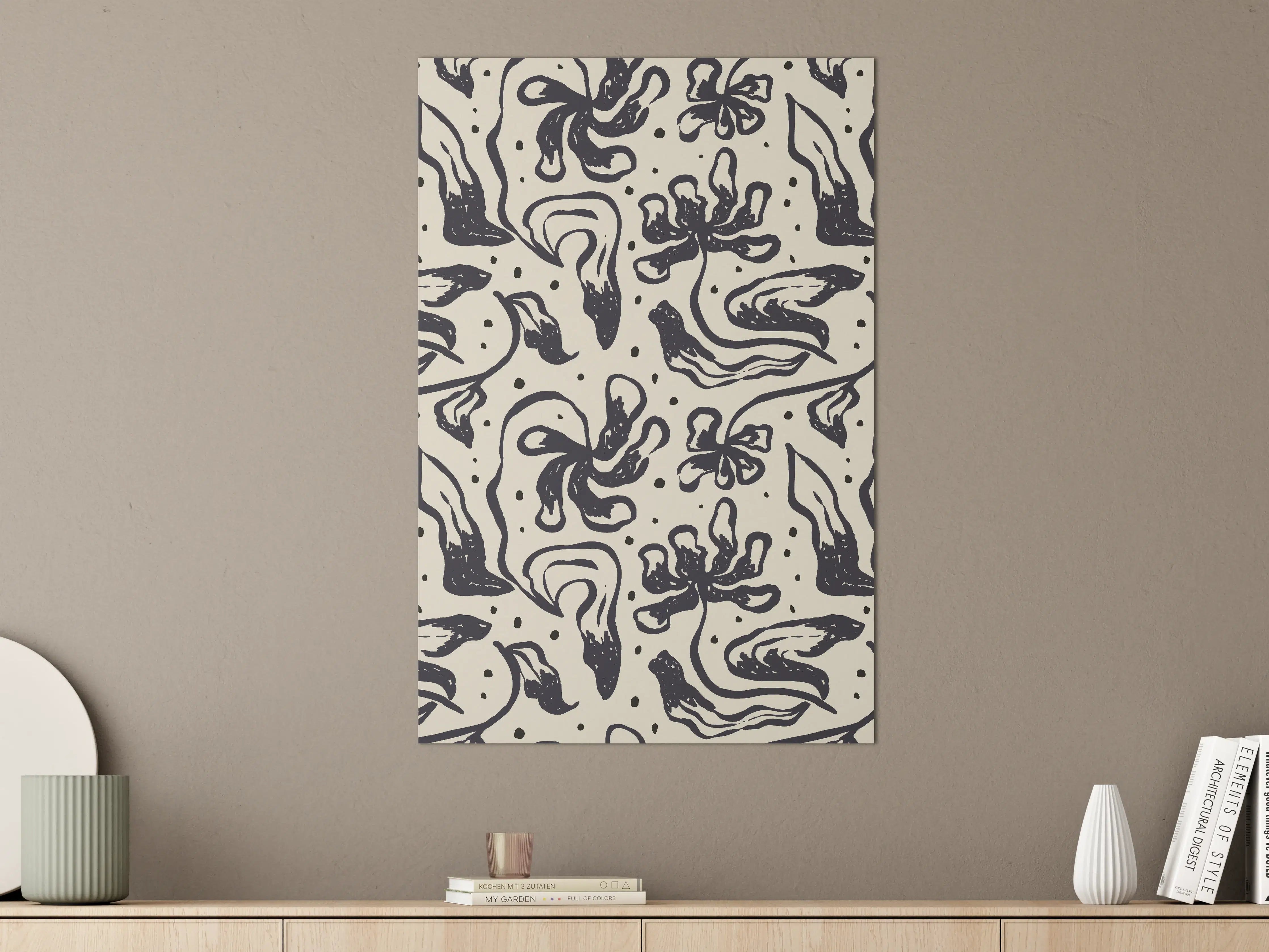 Große Wandbilder - Schwarze abstrakte Blumenmuster auf hellgrauem Hintergrund