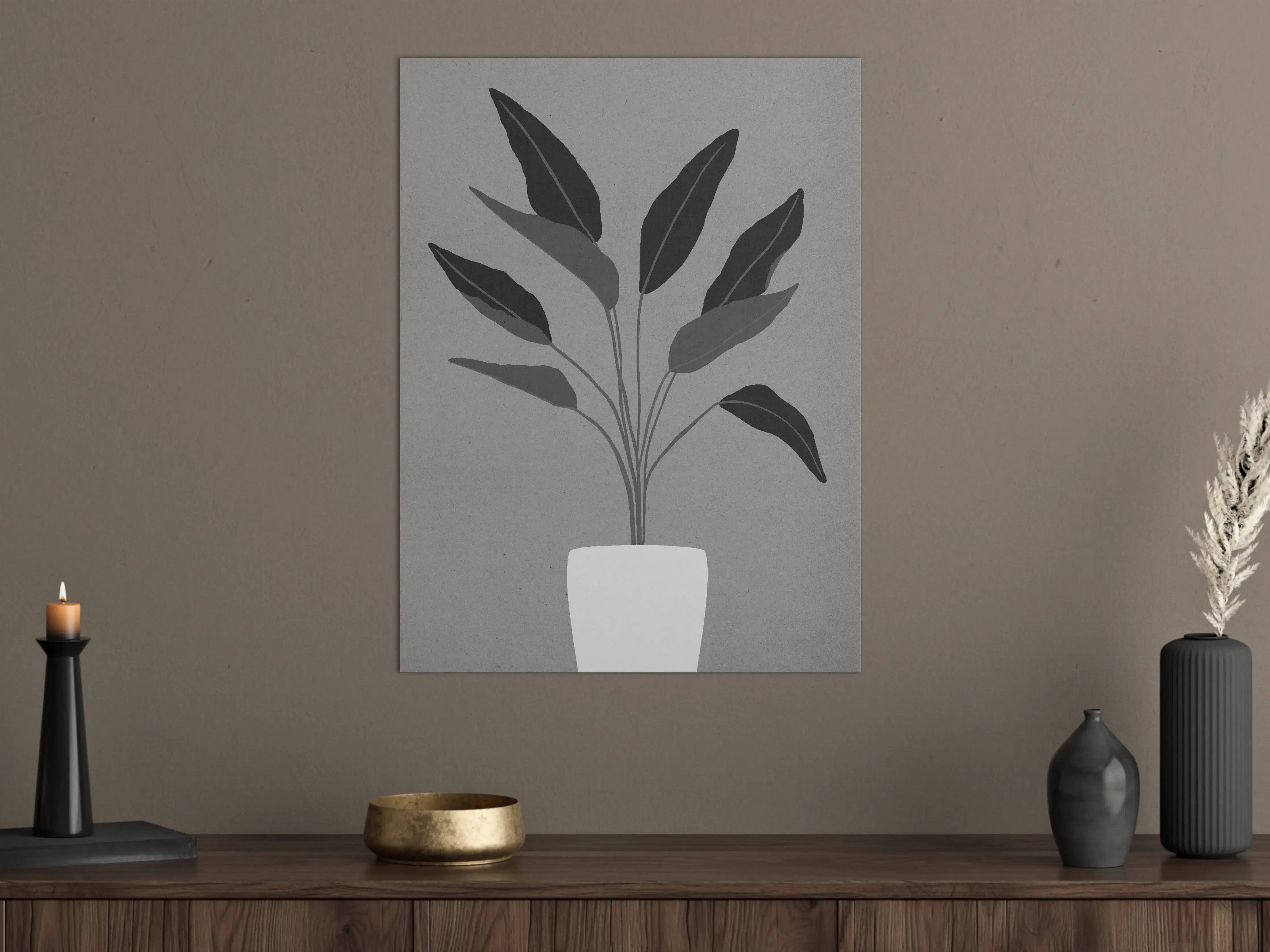 Große Wandbilder - Schwarzer Blätterzweig auf Grau