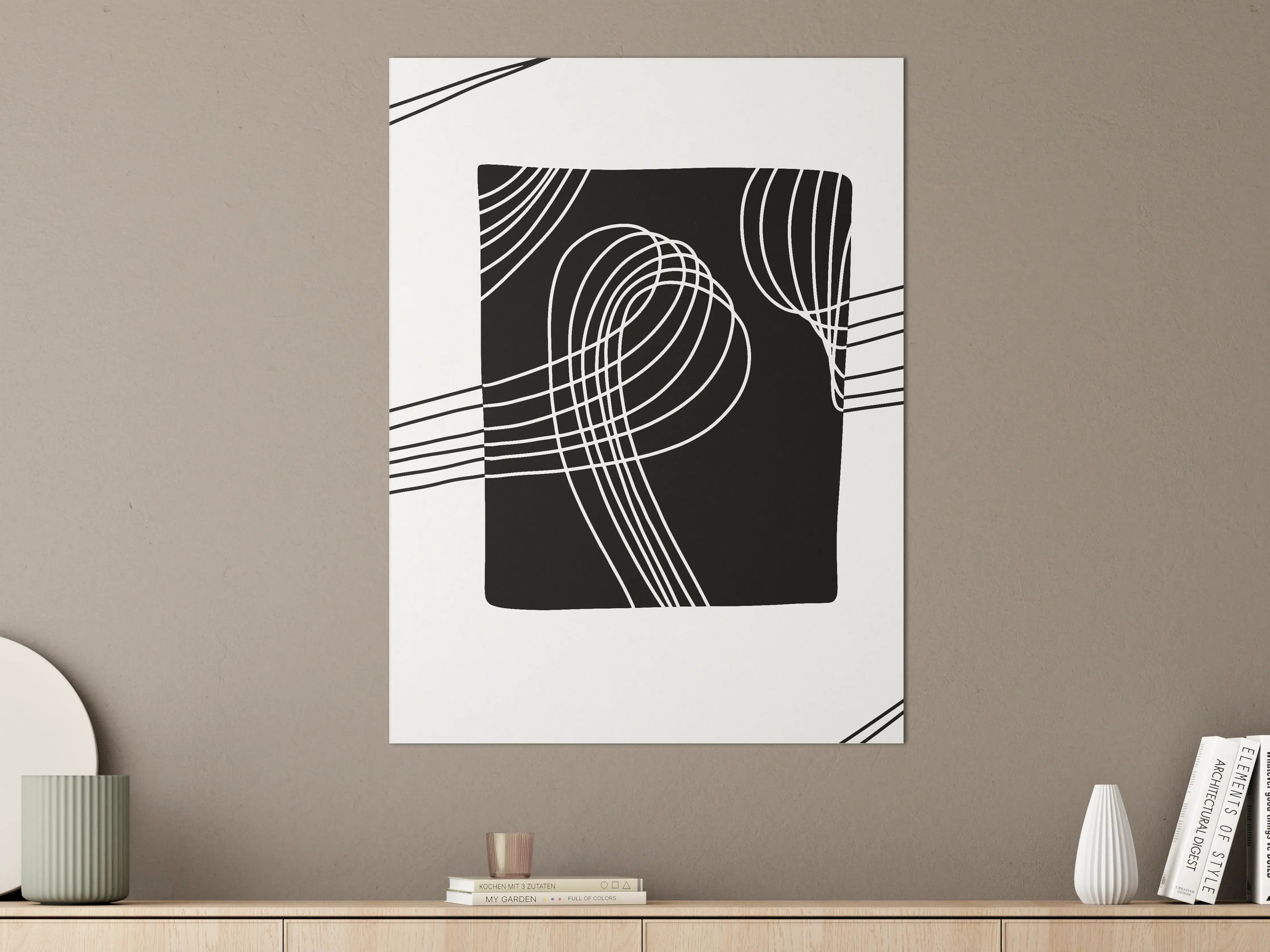 Große Wandbilder - Schwarzes Kunstwerk mit weißen Linien