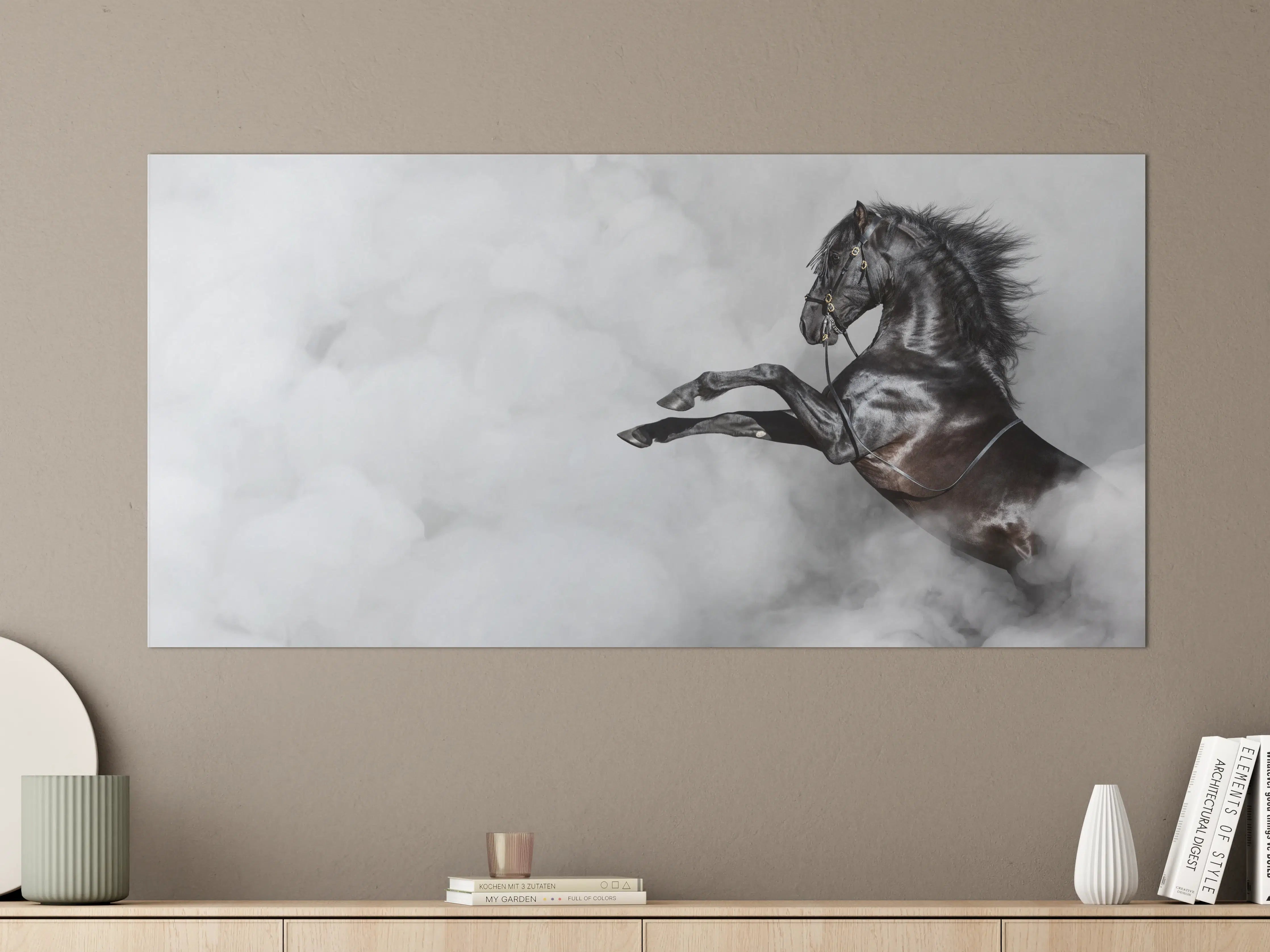 Große Wandbilder - Schwarzes Pferd im Nebel Kunstbild
