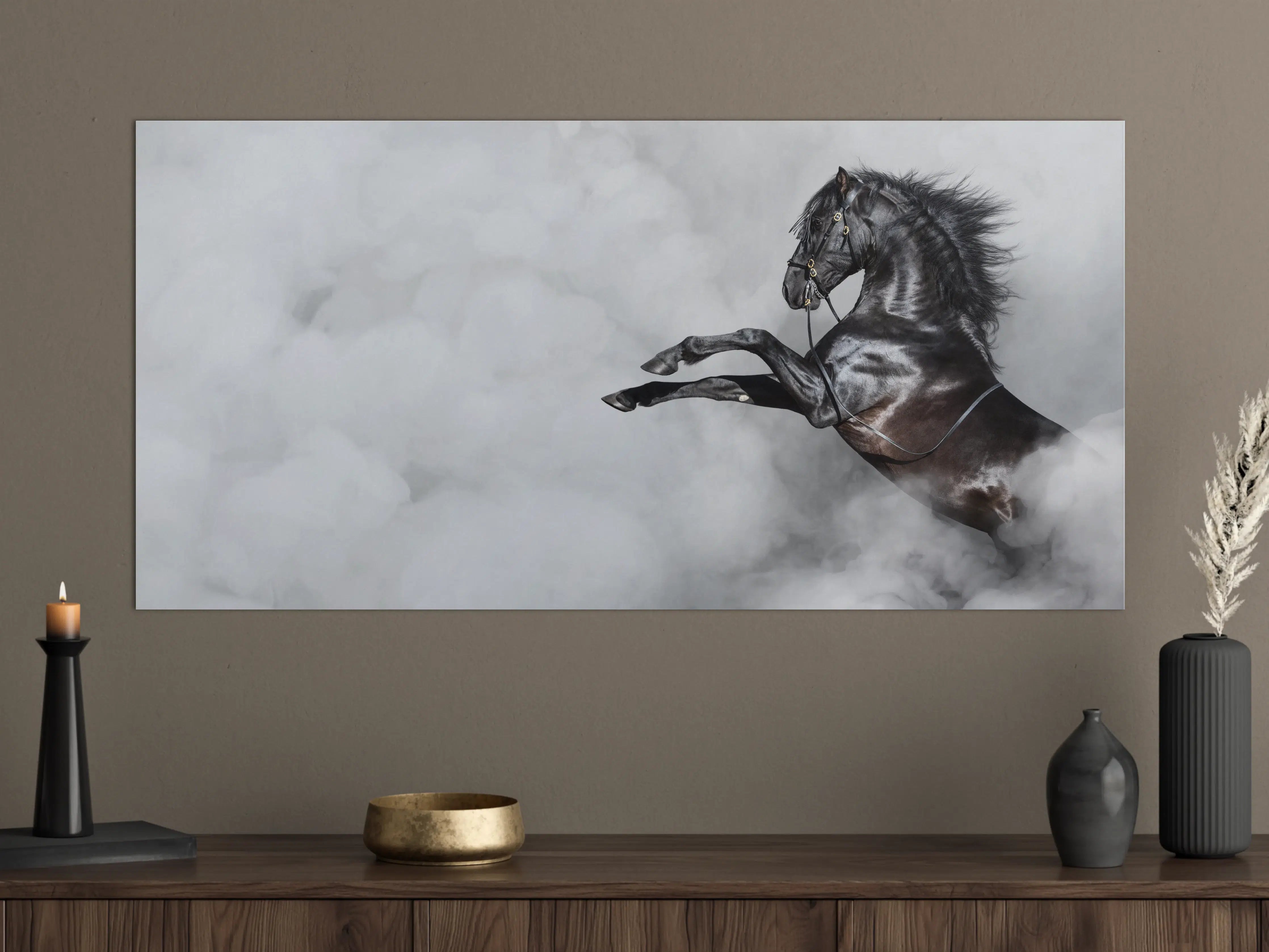 Große Wandbilder - Schwarzes Pferd im Nebel Kunstbild