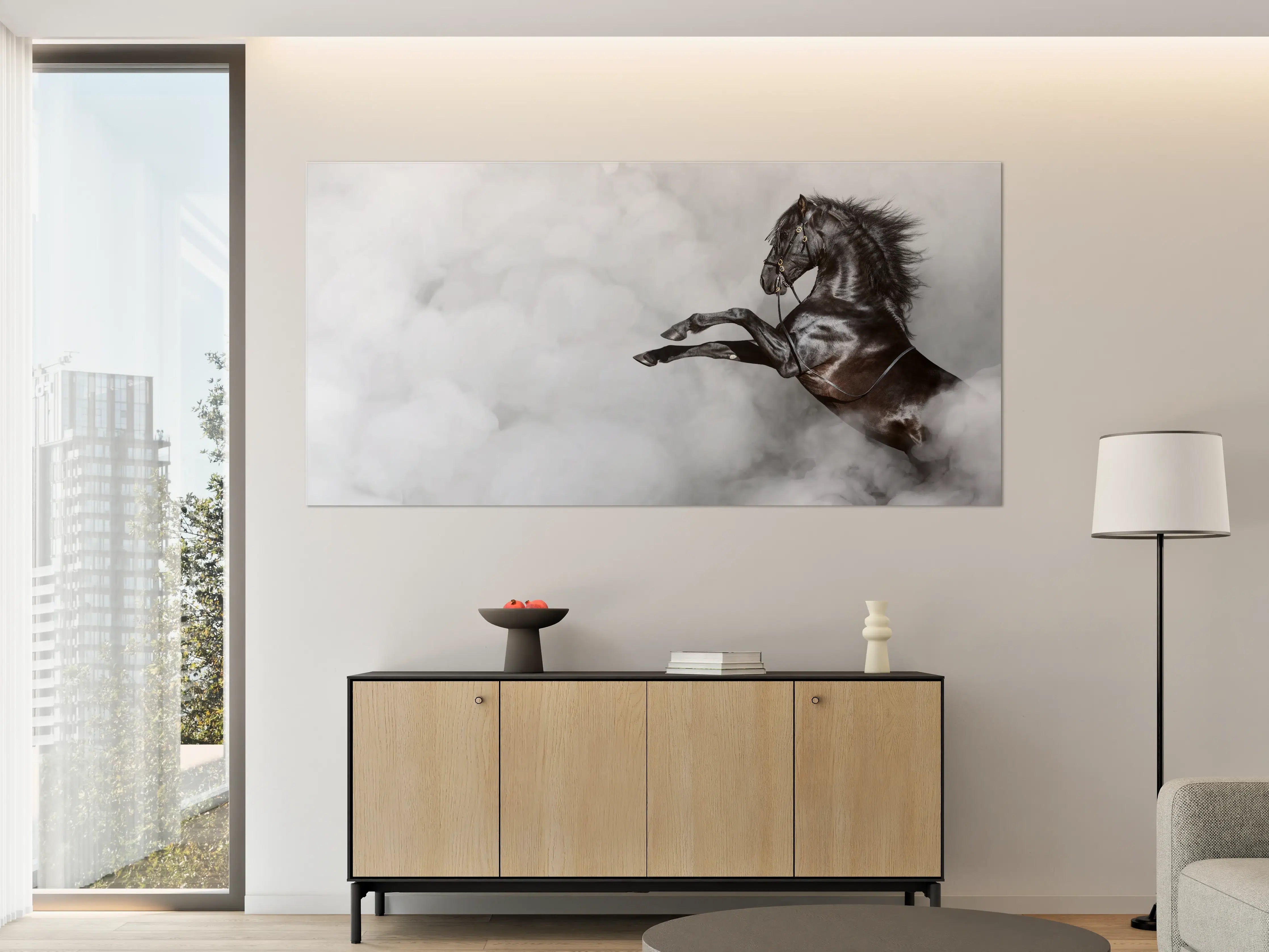 Große Wandbilder - Schwarzes Pferd im Nebel Kunstbild