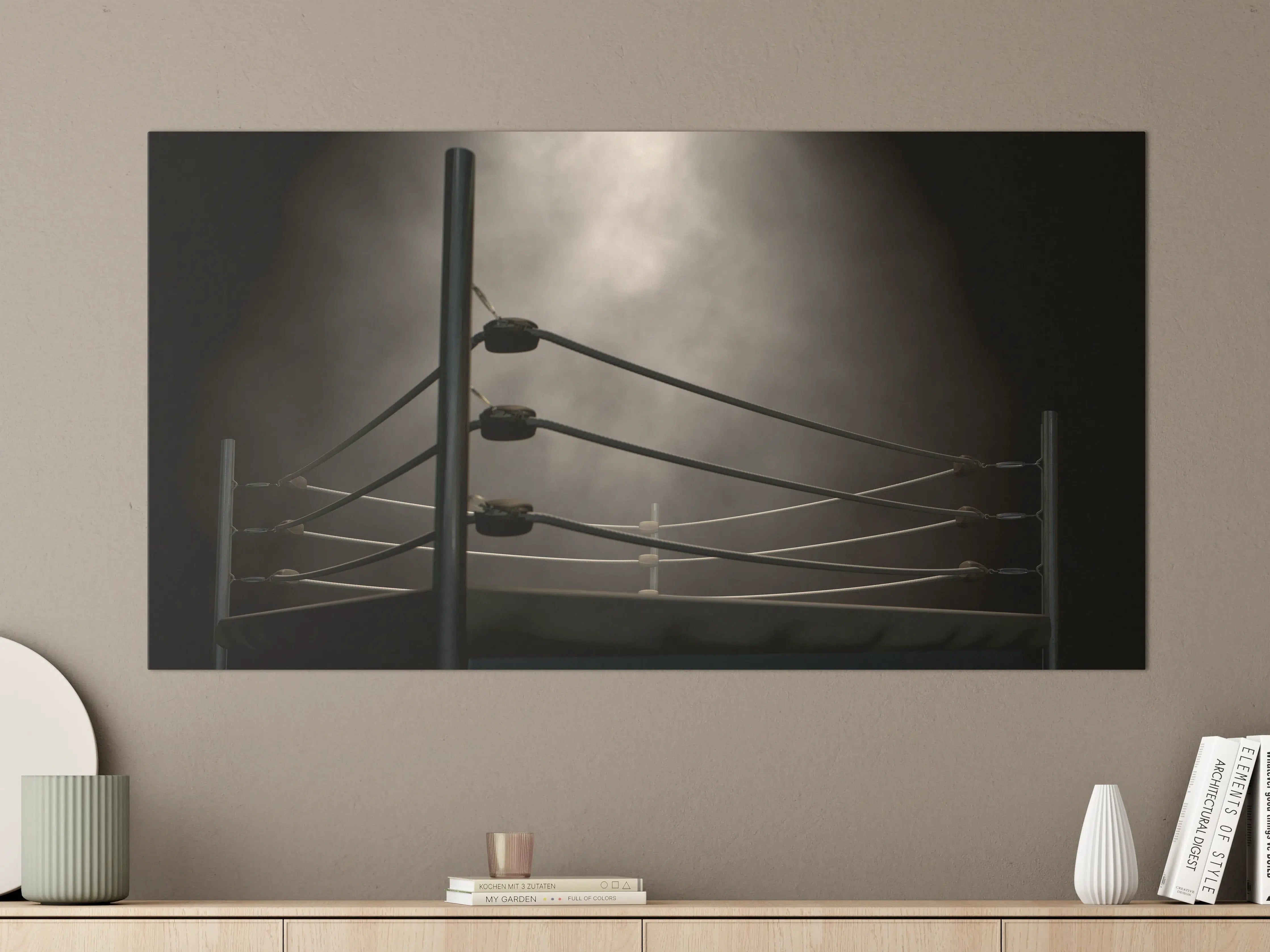 Große Wandbilder - Schwarzes Wrestling-Ring mit Seilen unter Nebelhimmel