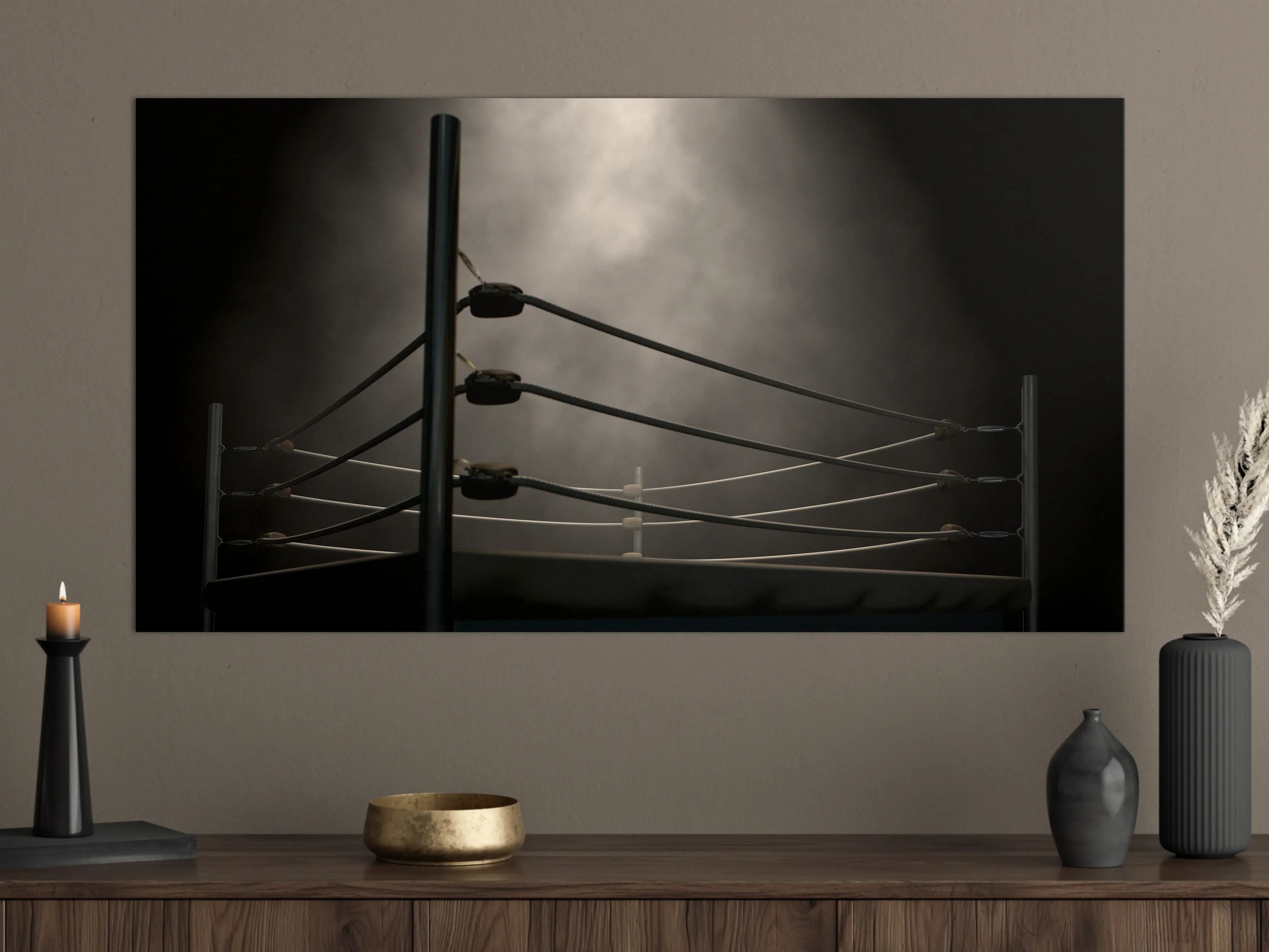 Große Wandbilder - Schwarzes Wrestling-Ring mit Seilen unter Nebelhimmel