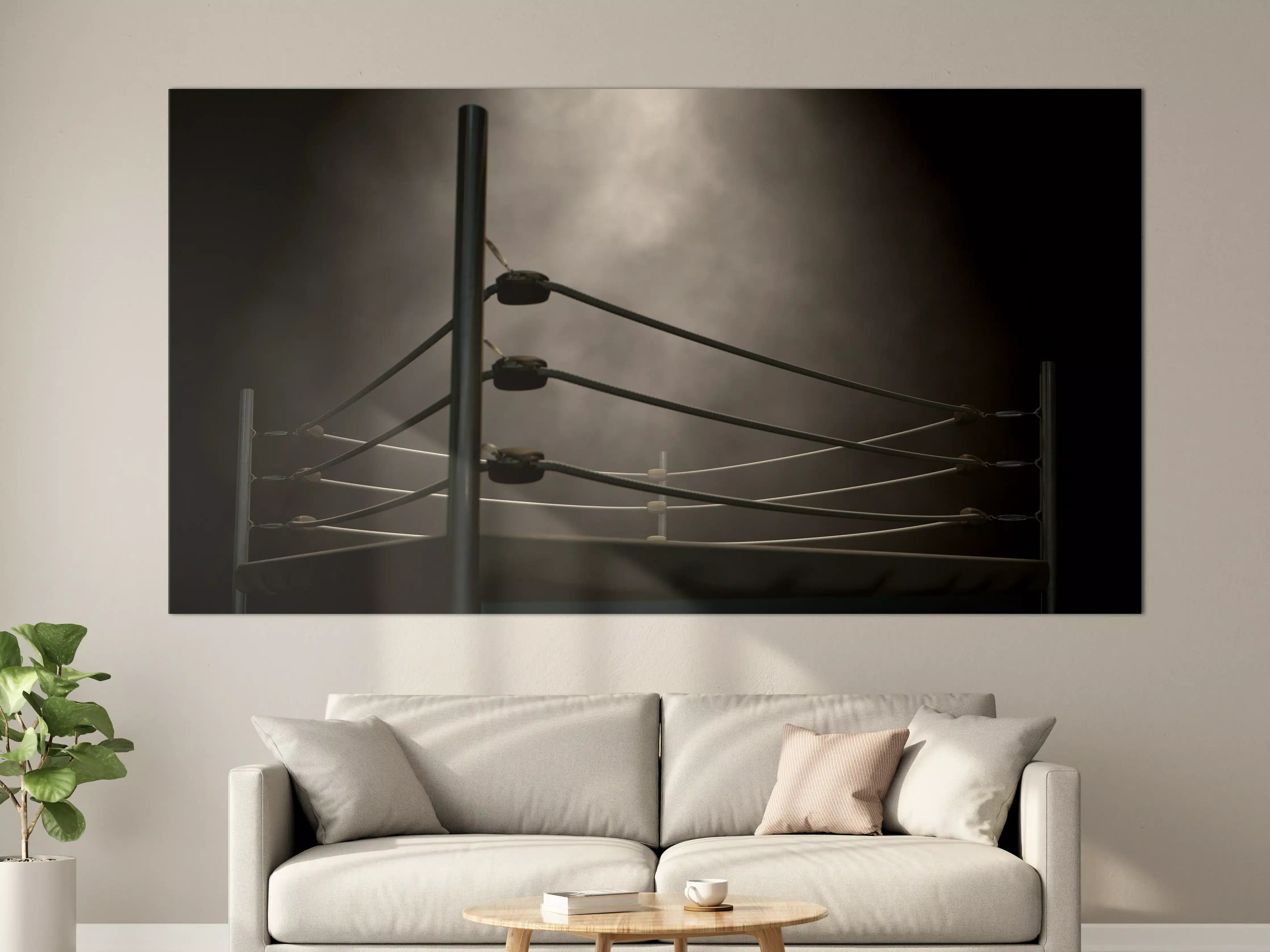Große Wandbilder - Schwarzes Wrestling-Ring mit Seilen unter Nebelhimmel