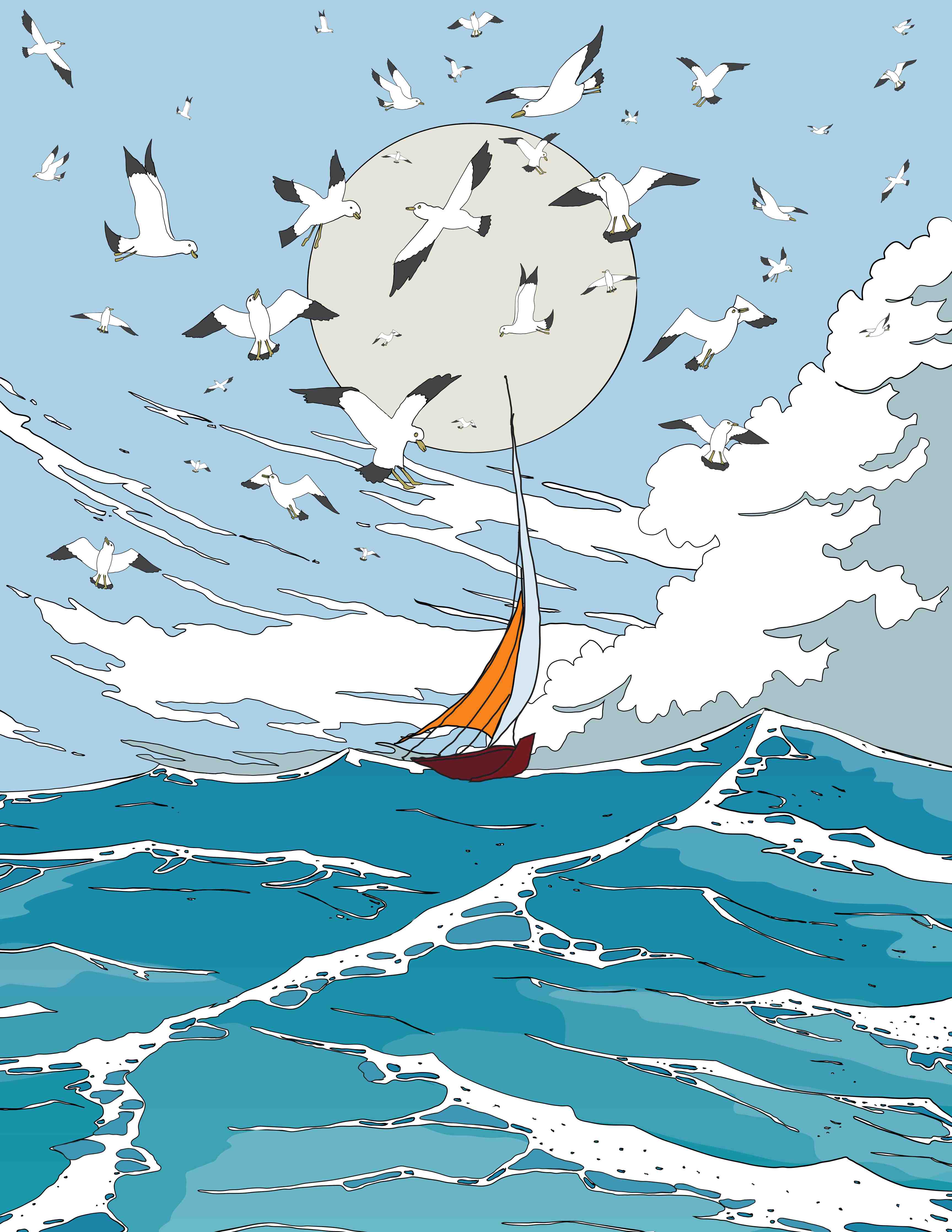 Große Wandbilder-Segelschiff unter dem Vollmond mit Gänsezug