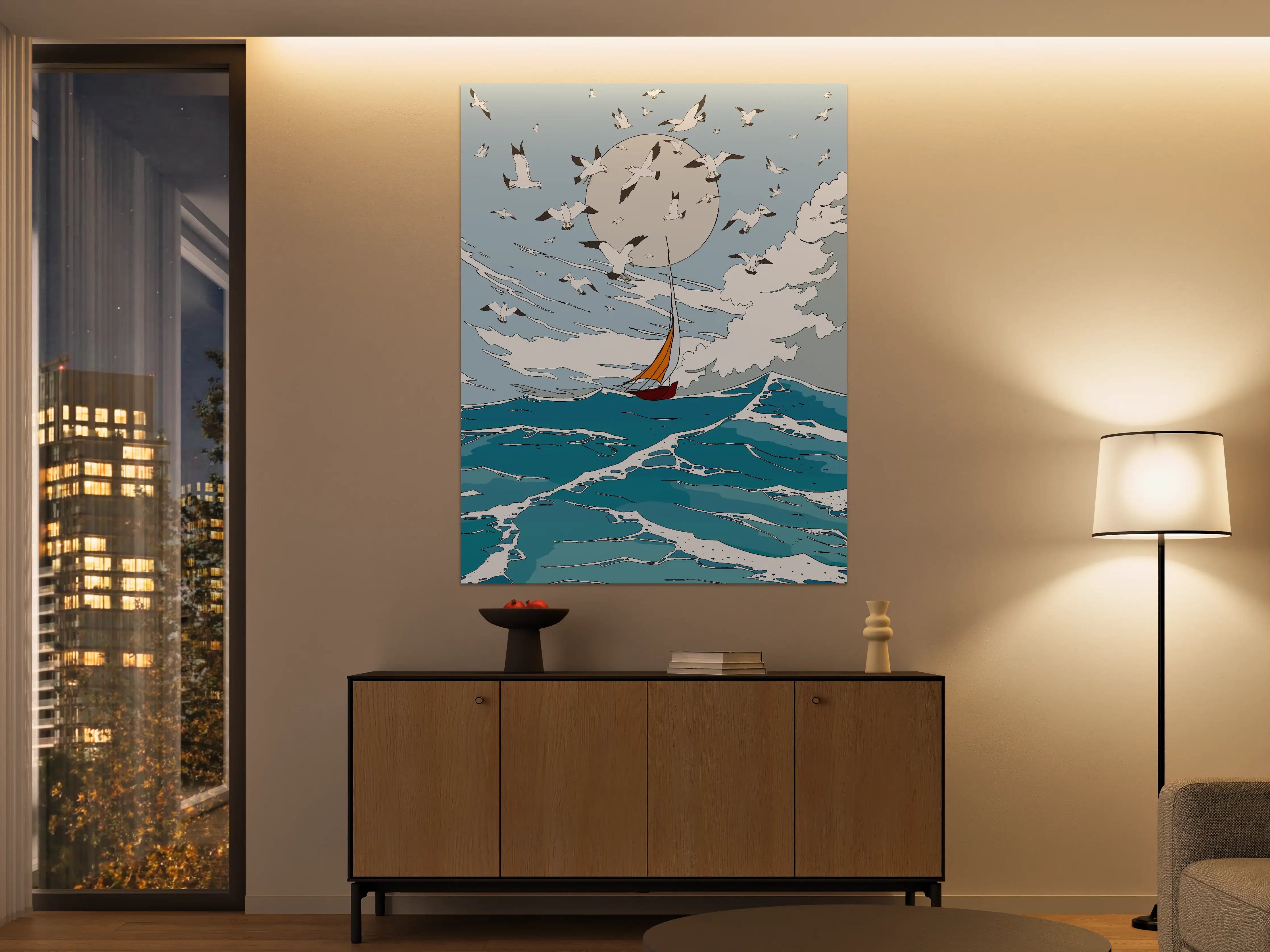 Große Wandbilder - Segelschiff unter dem Vollmond mit Gänsezug
