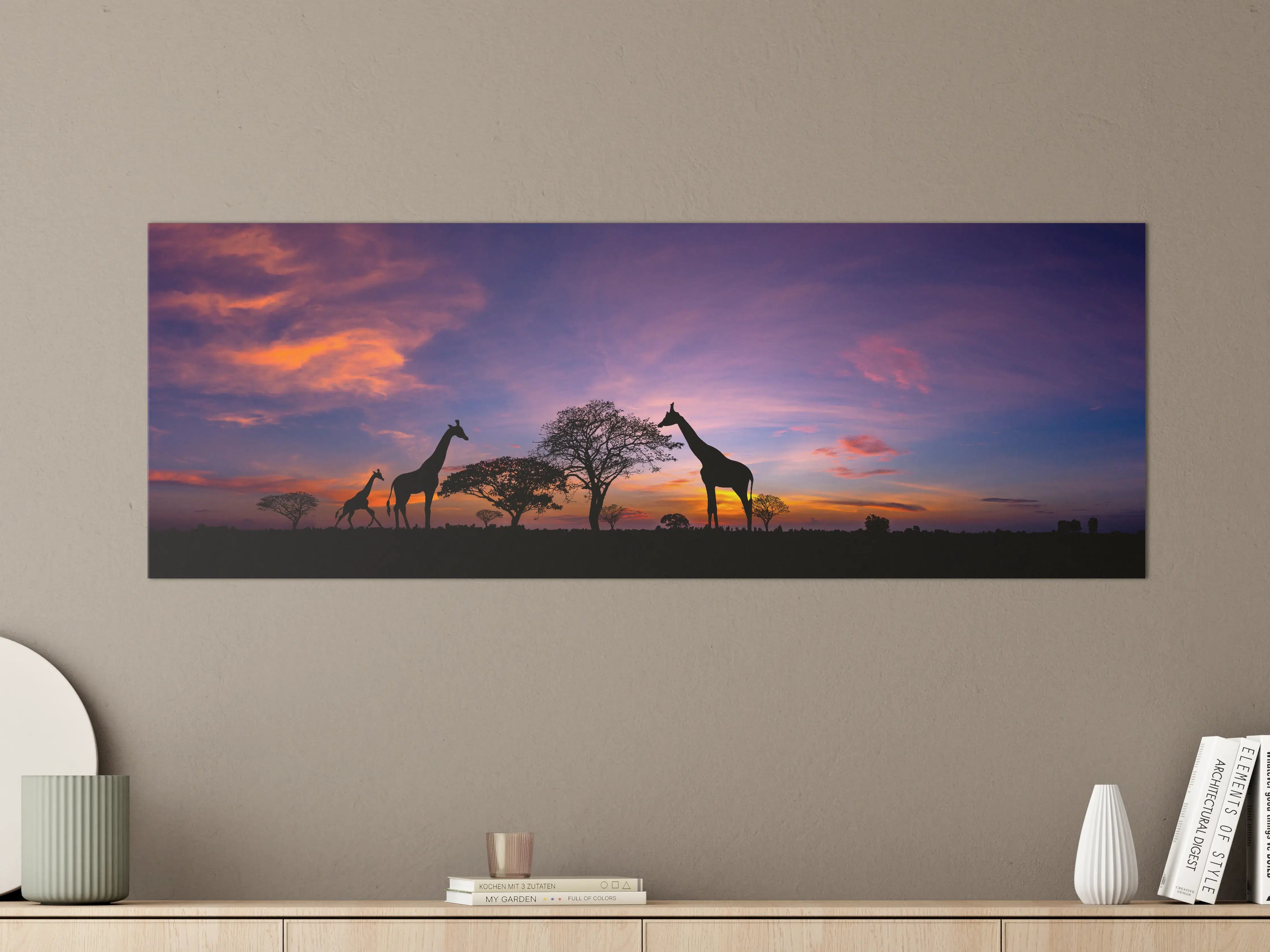 Große Wandbilder - Silhouette - Giraffenfamilie bei Sonnenuntergang
