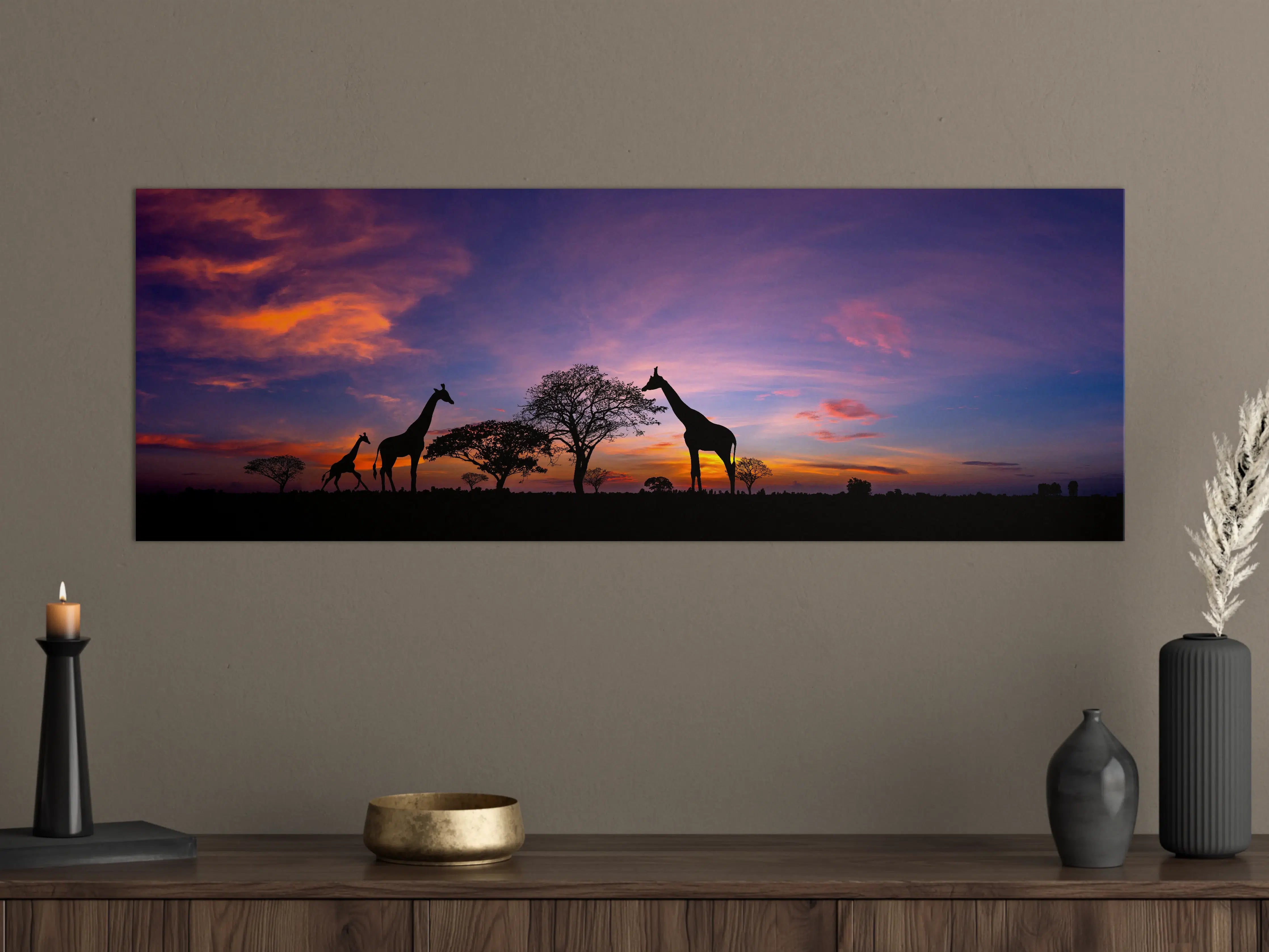 Große Wandbilder - Silhouette - Giraffenfamilie bei Sonnenuntergang
