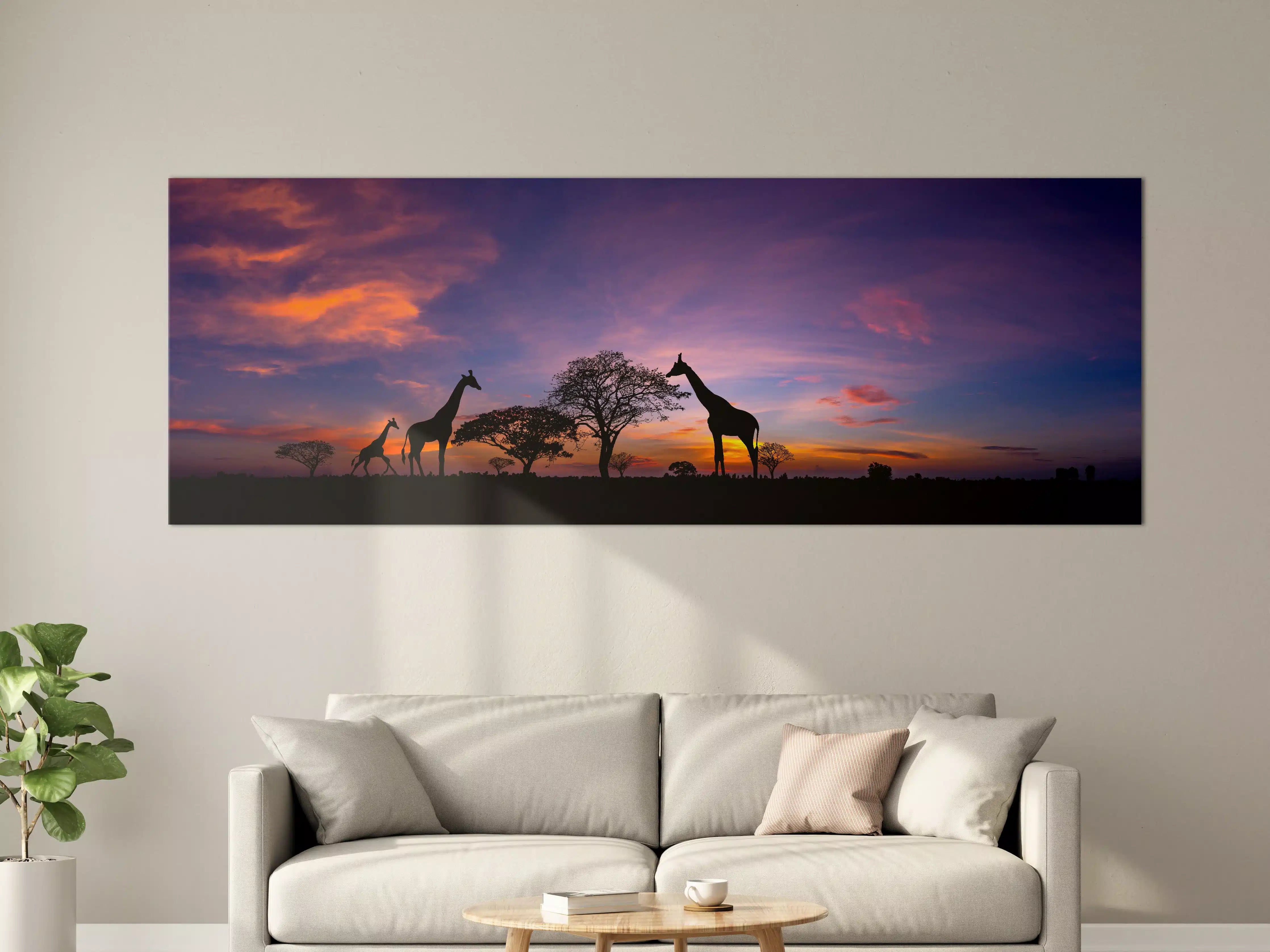 Große Wandbilder - Silhouette - Giraffenfamilie bei Sonnenuntergang