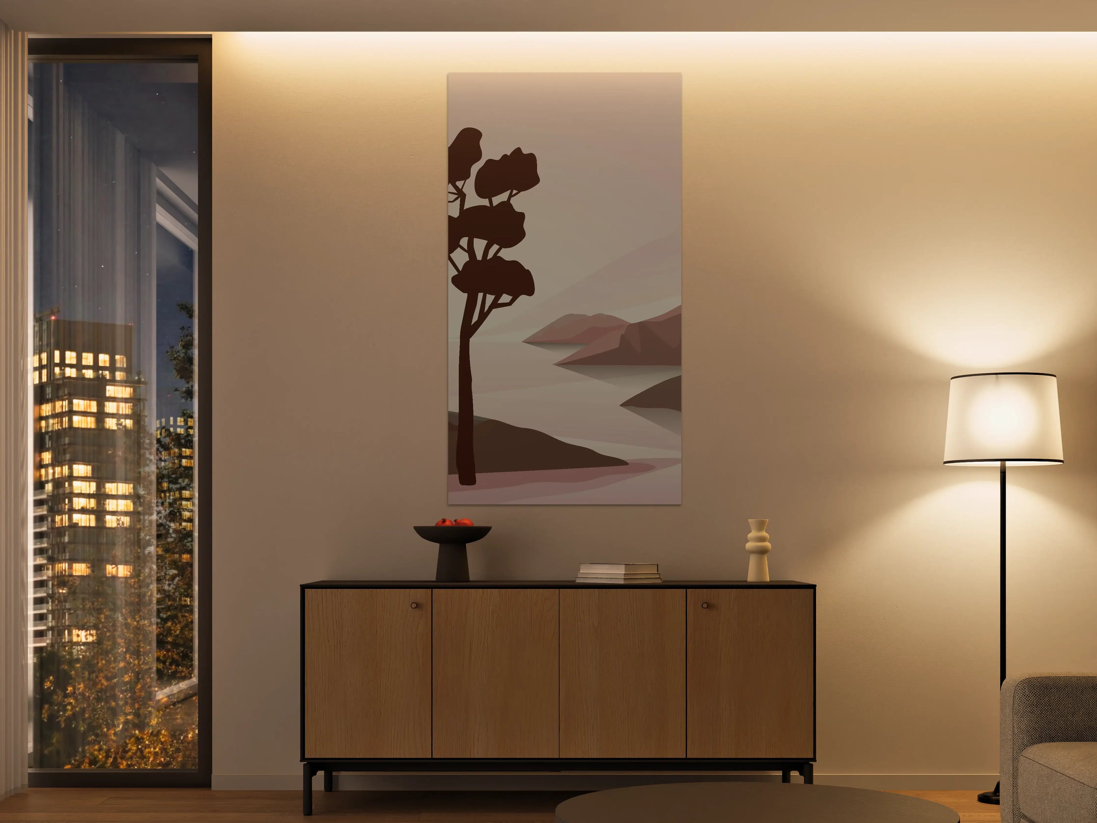 Große Wandbilder - Silhouetten eines Baumes mit Bergen im Hintergrund