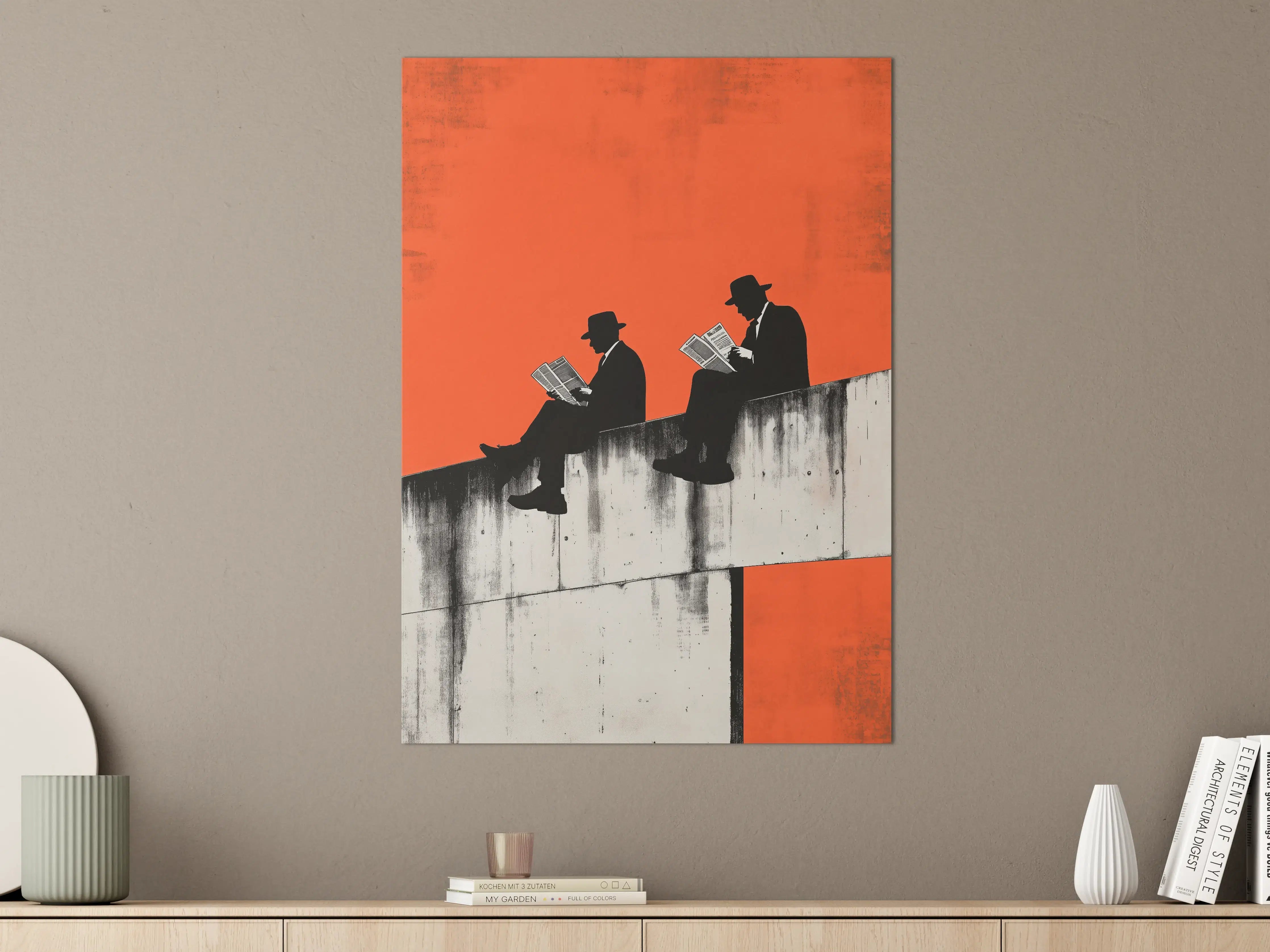 Große Wandbilder - Silhouetten von Lesenden auf Brücke vor orangeem Himmel