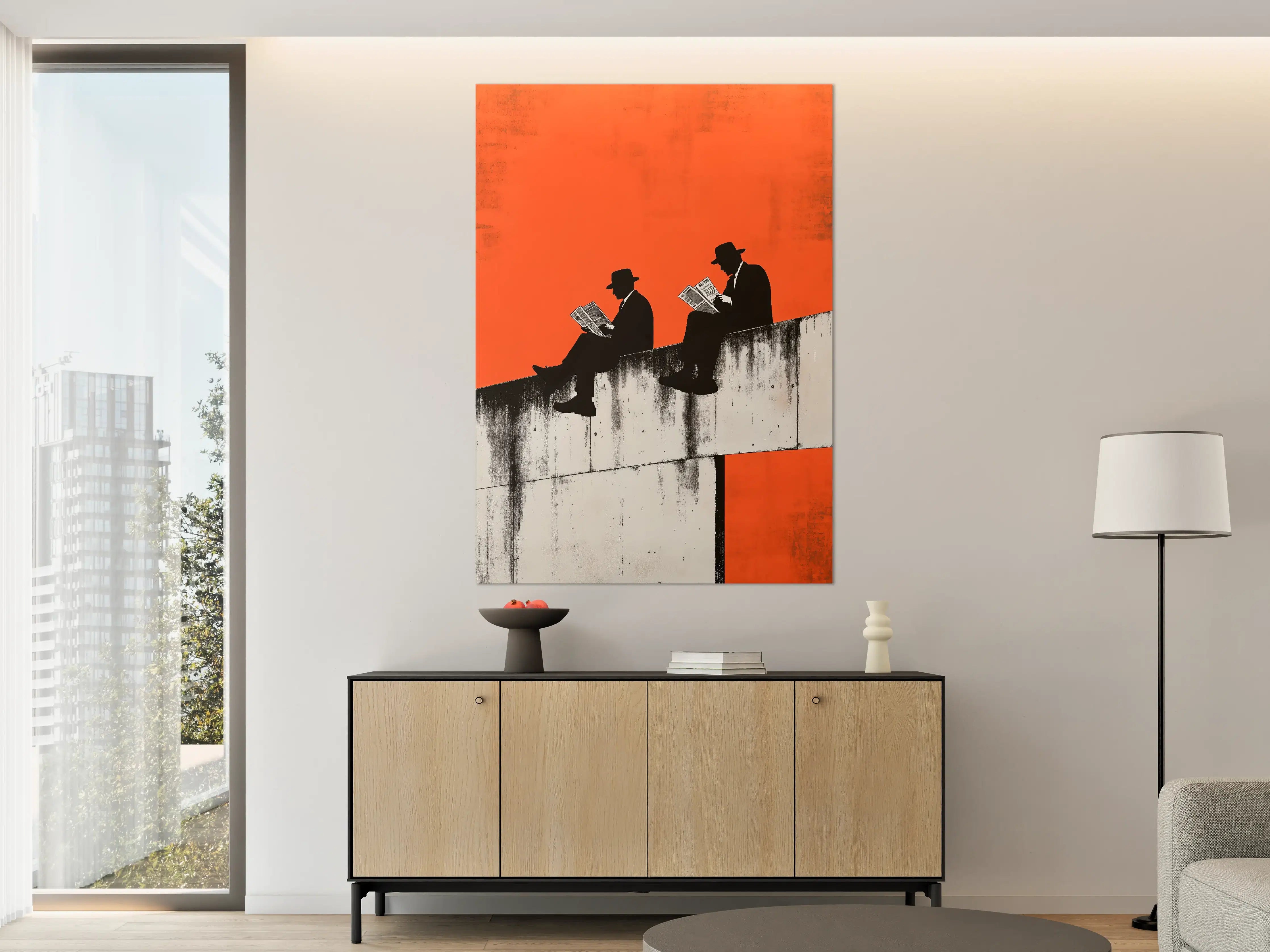 Große Wandbilder - Silhouetten von Lesenden auf Brücke vor orangeem Himmel