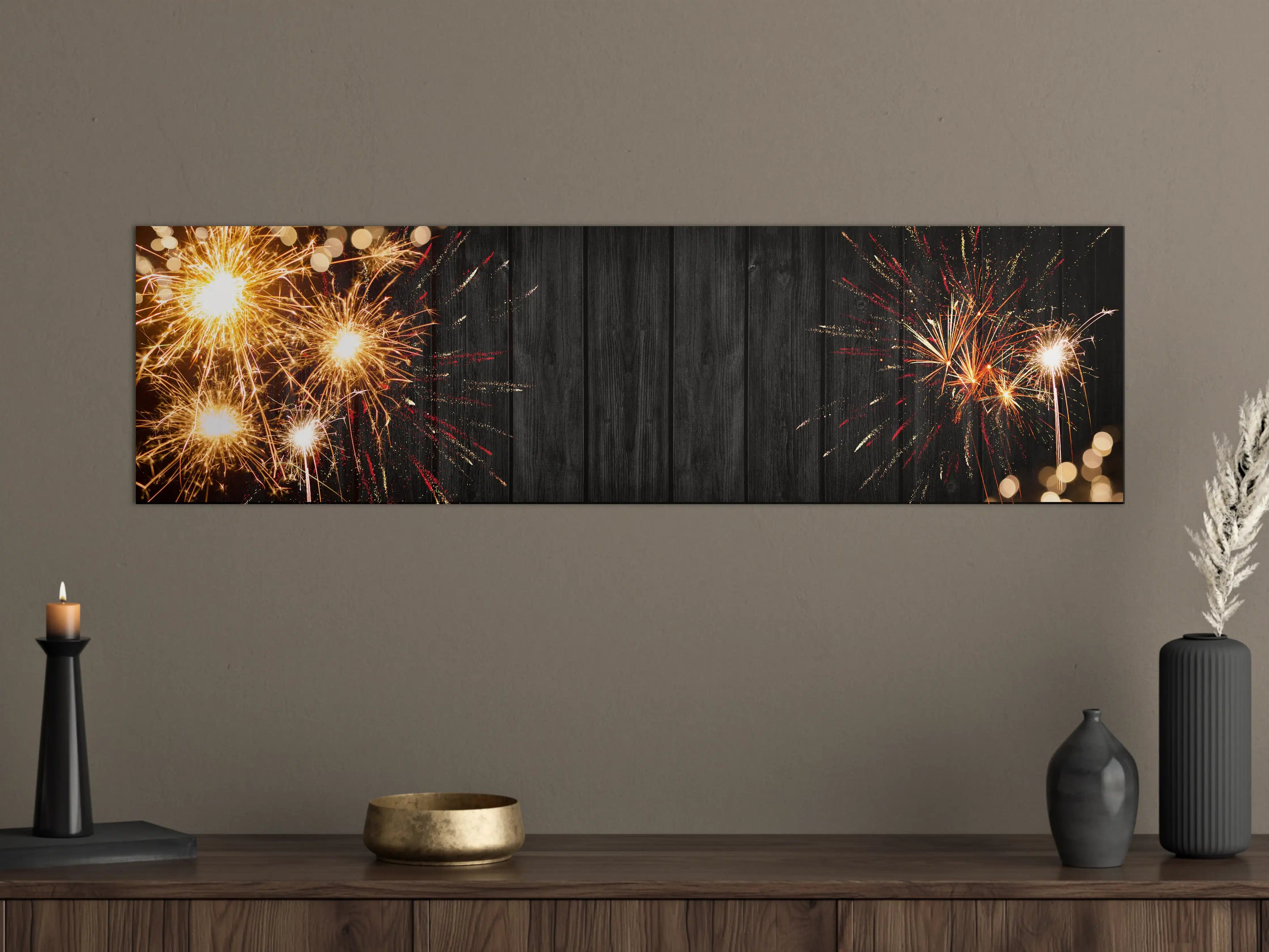 Große Wandbilder - Silvester-Feuerwerk Rustikal-Holz