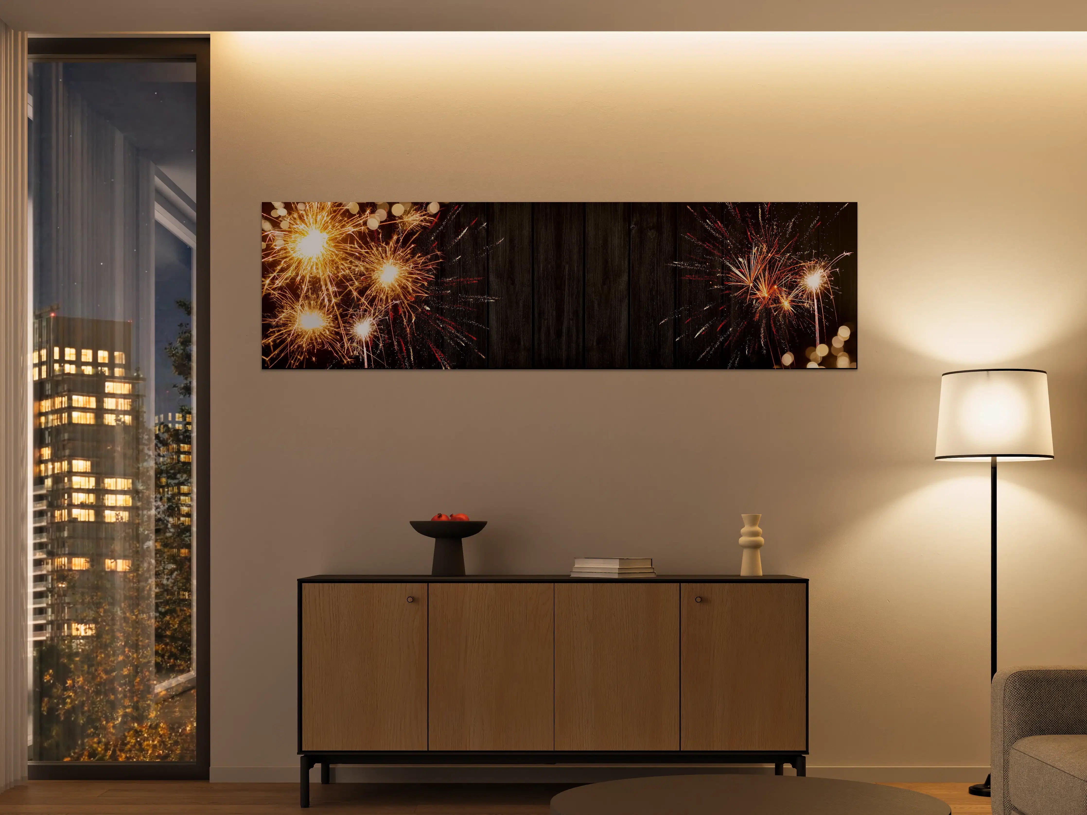 Große Wandbilder - Silvester-Feuerwerk Rustikal-Holz