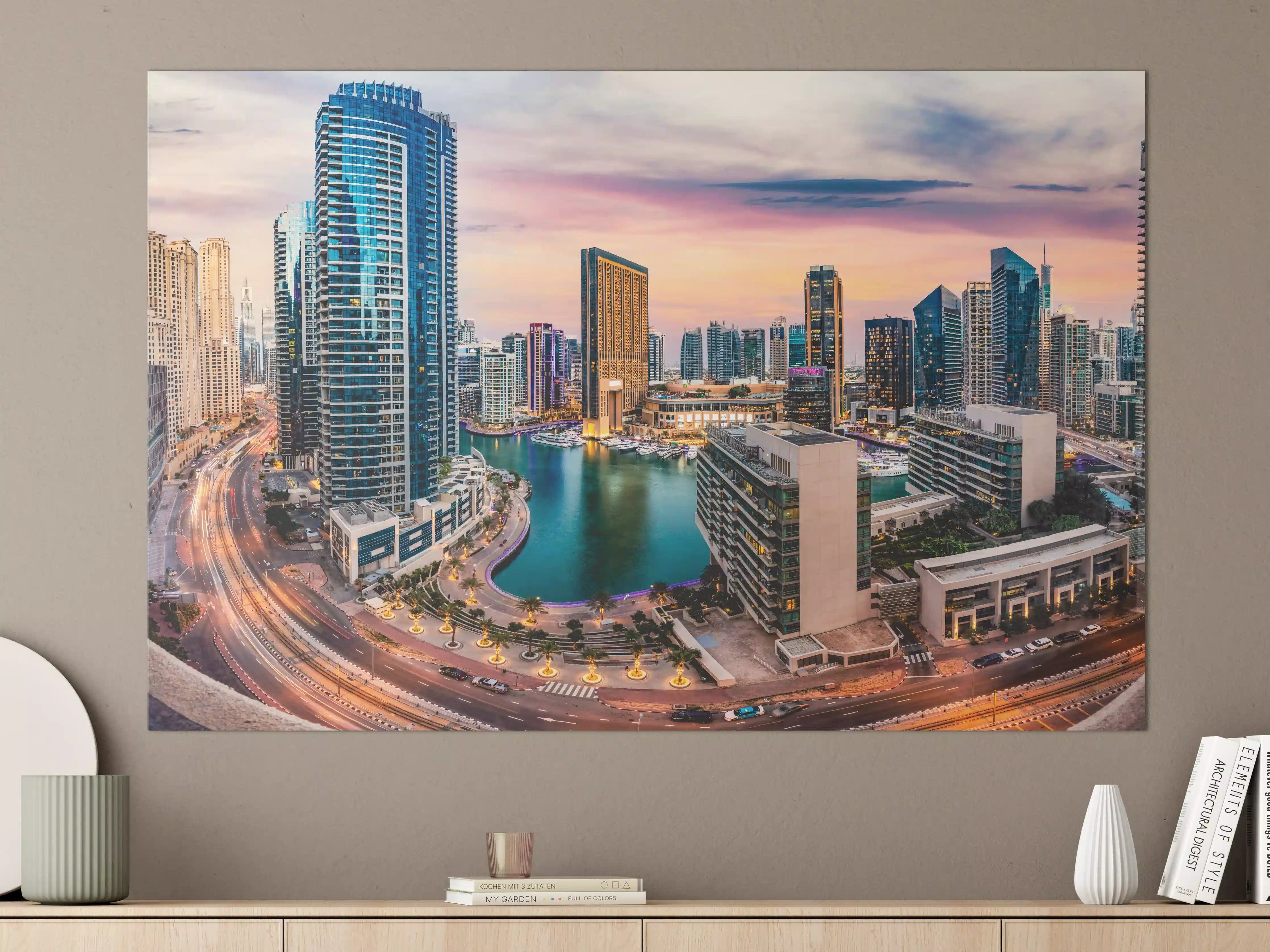 Große Wandbilder - Skyline des Jachthafens von Dubai bei Sonnenuntergang
