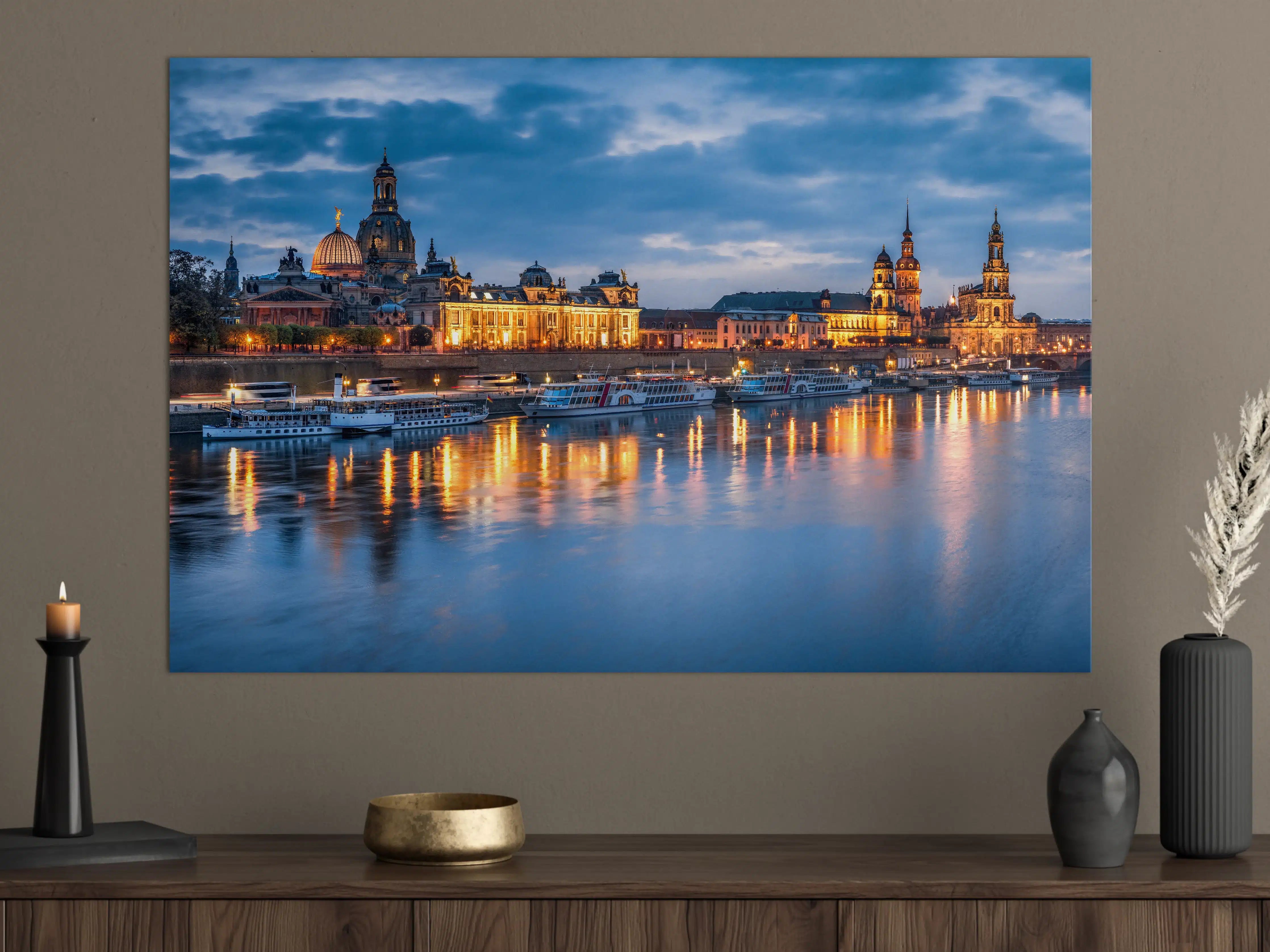 Große Wandbilder - Skyline von Dresden am Elbufer bei Nacht