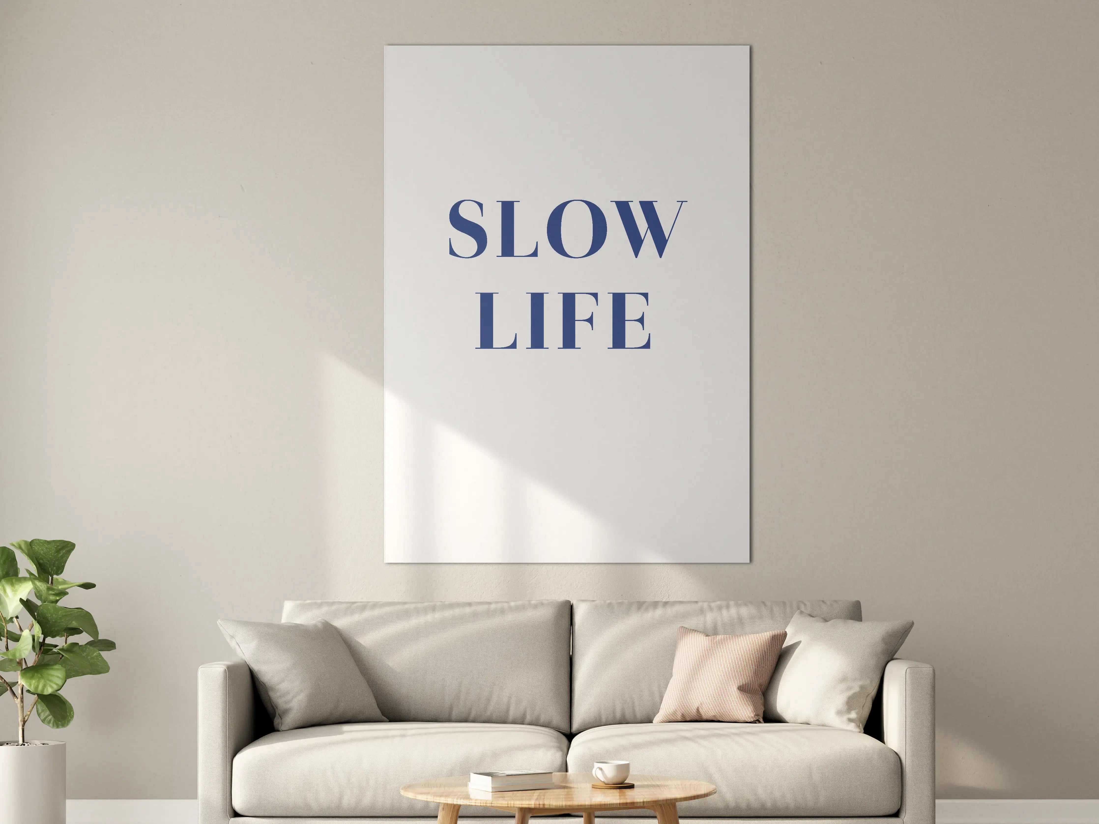 Große Wandbilder - Slow Life Text in Blau auf Weiß