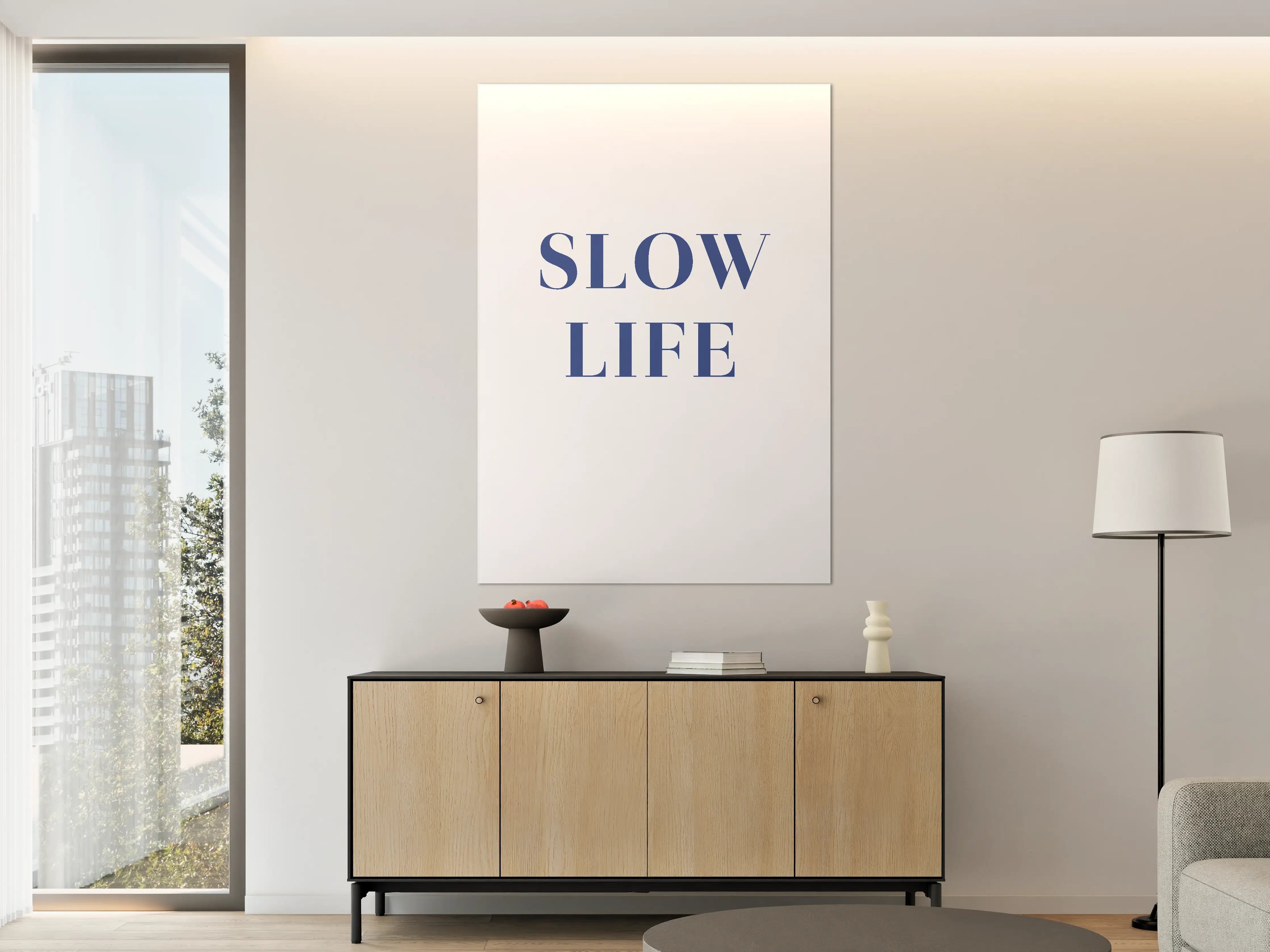 Große Wandbilder - Slow Life Text in Blau auf Weiß