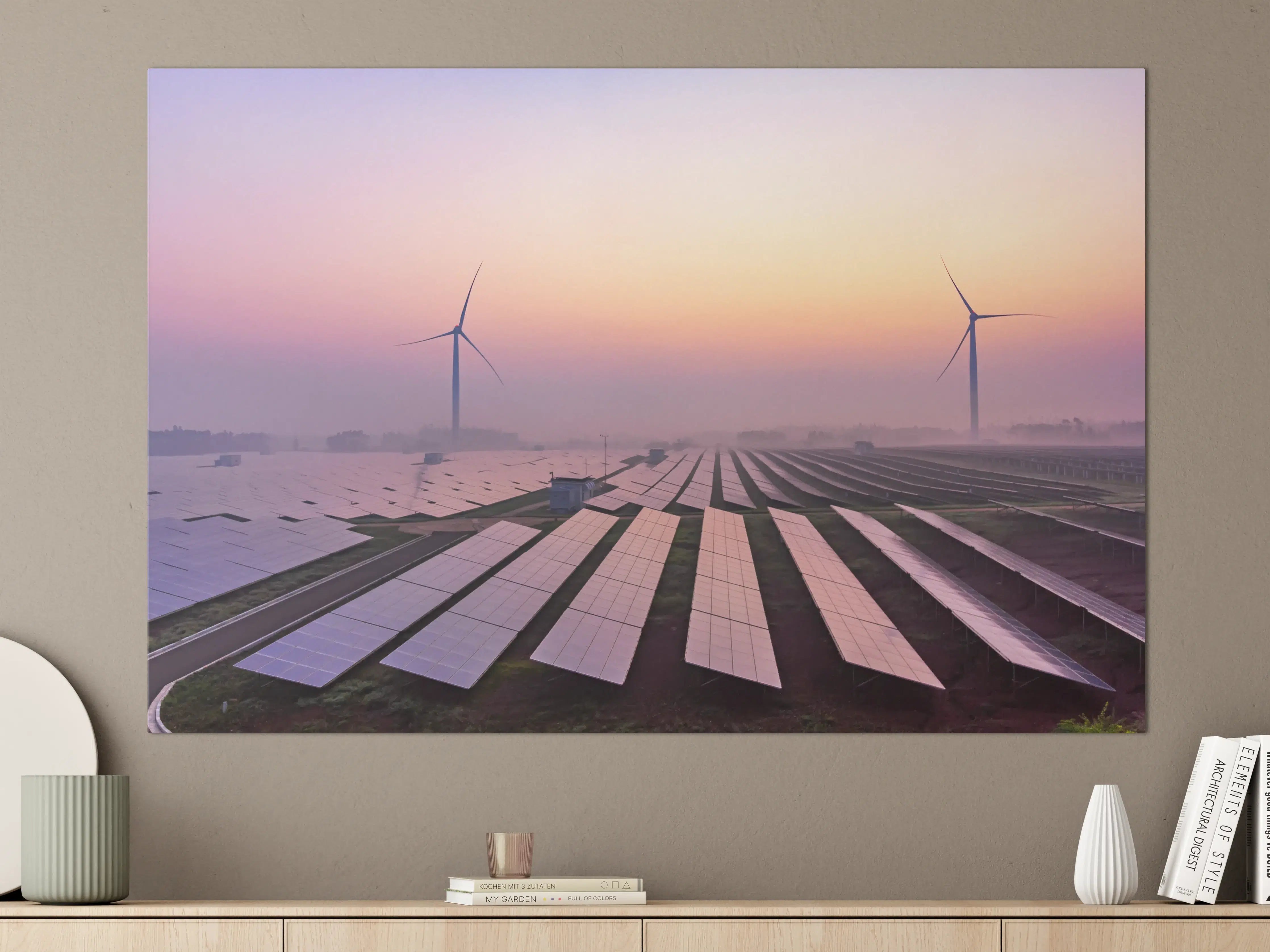 Große Wandbilder - Solar- und Windenergieanlage bei Sonnenaufgang
