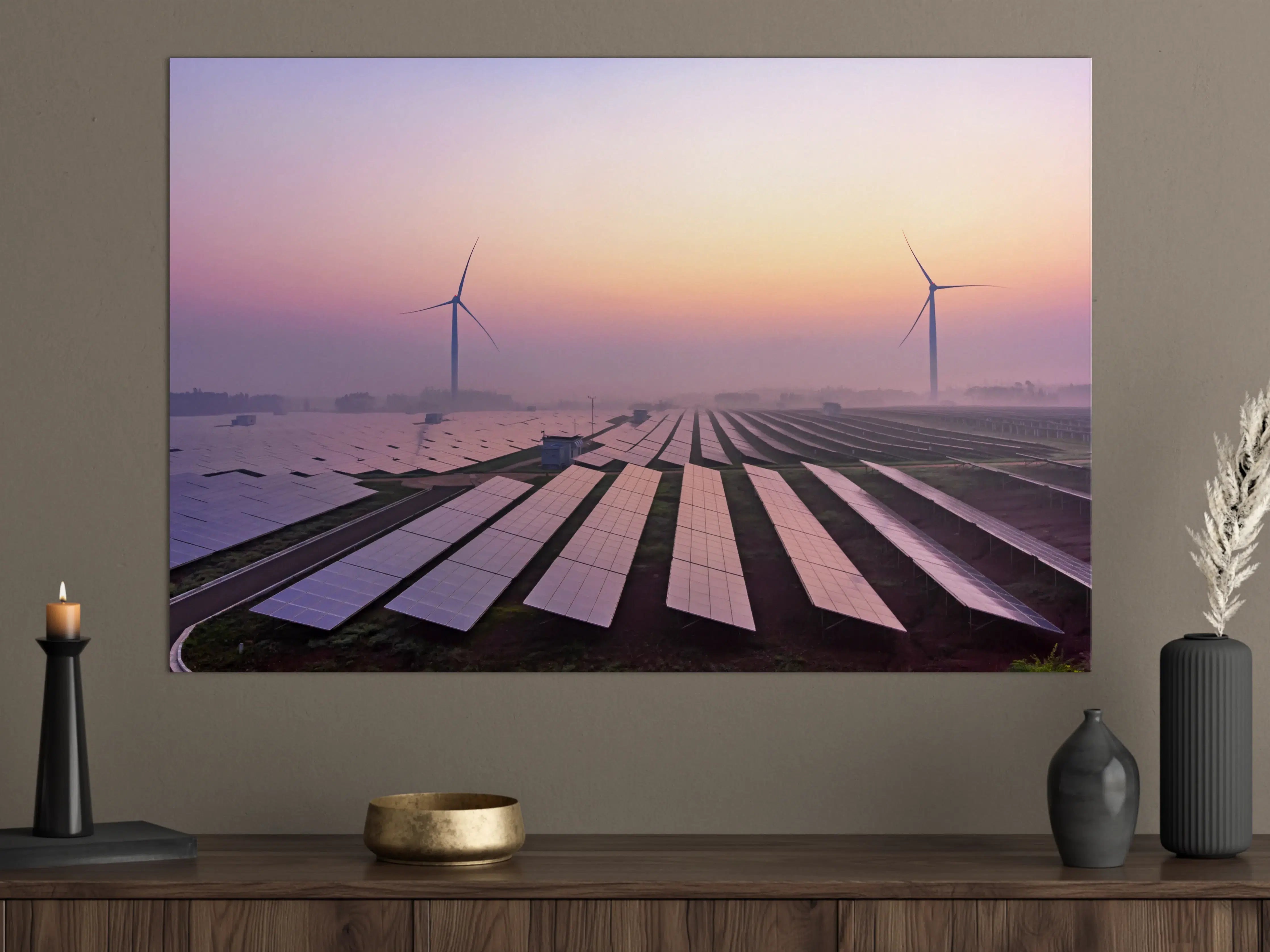Große Wandbilder - Solar- und Windenergieanlage bei Sonnenaufgang