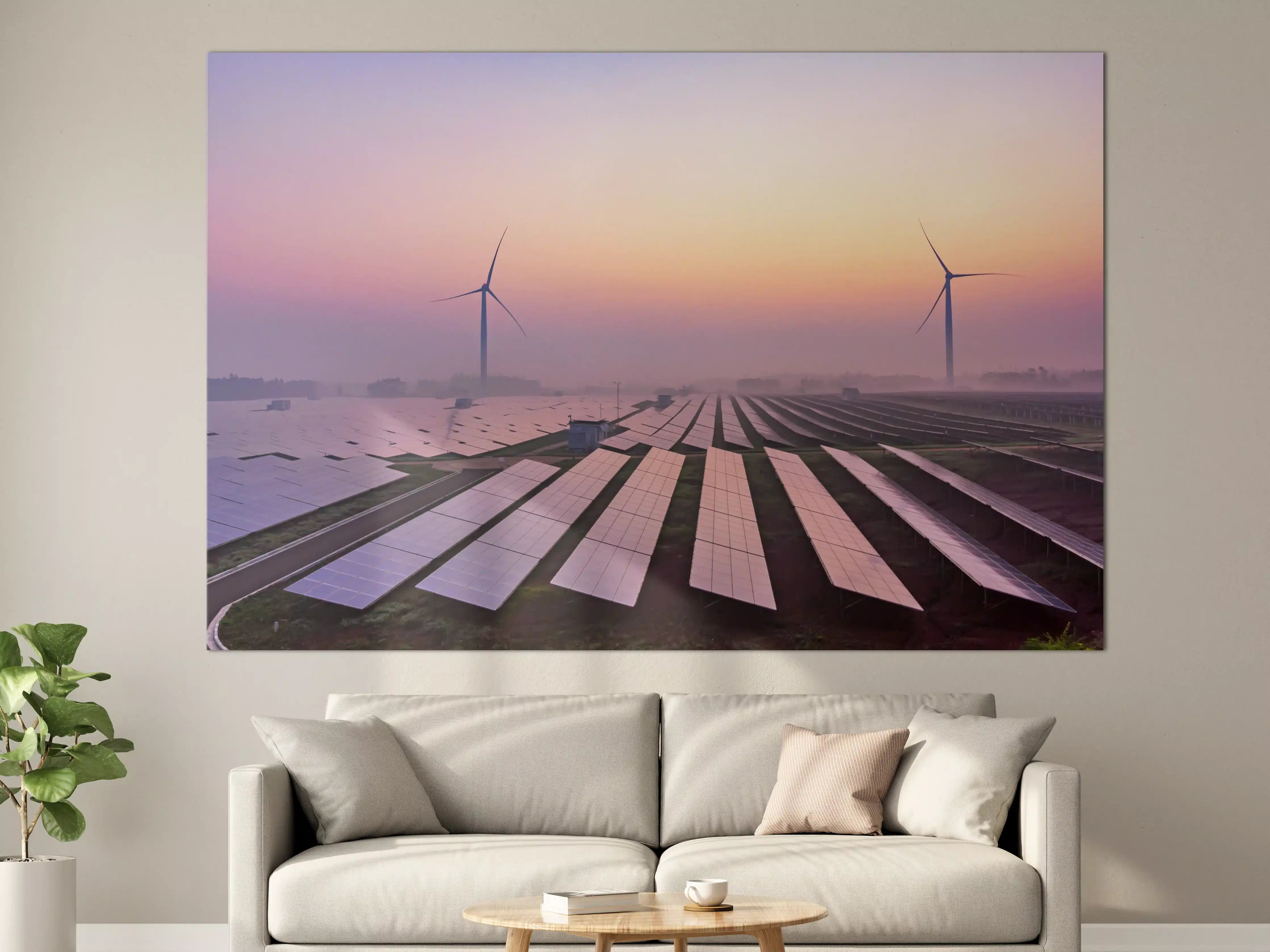 Große Wandbilder - Solar- und Windenergieanlage bei Sonnenaufgang