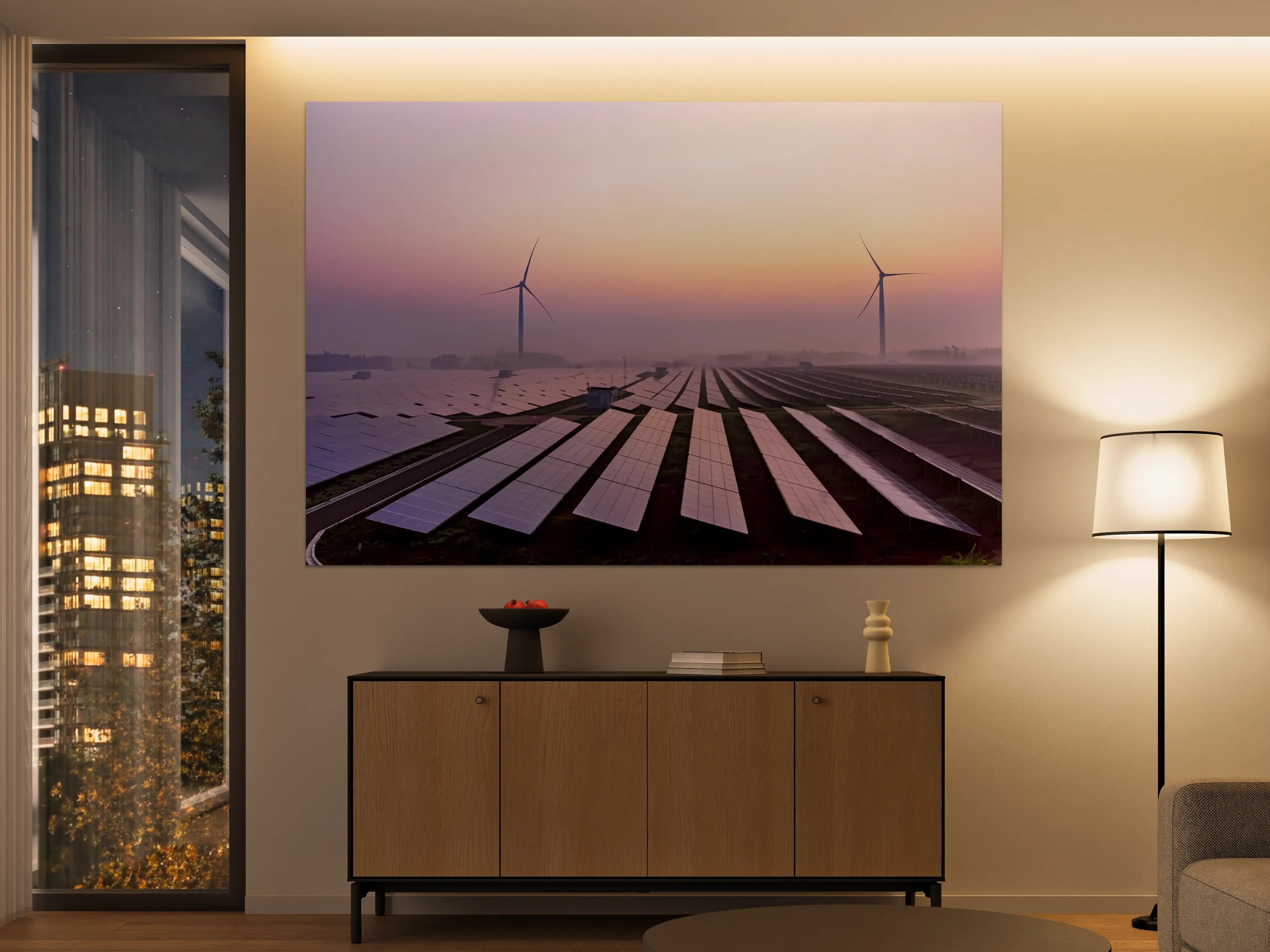 Große Wandbilder - Solar- und Windenergieanlage bei Sonnenaufgang