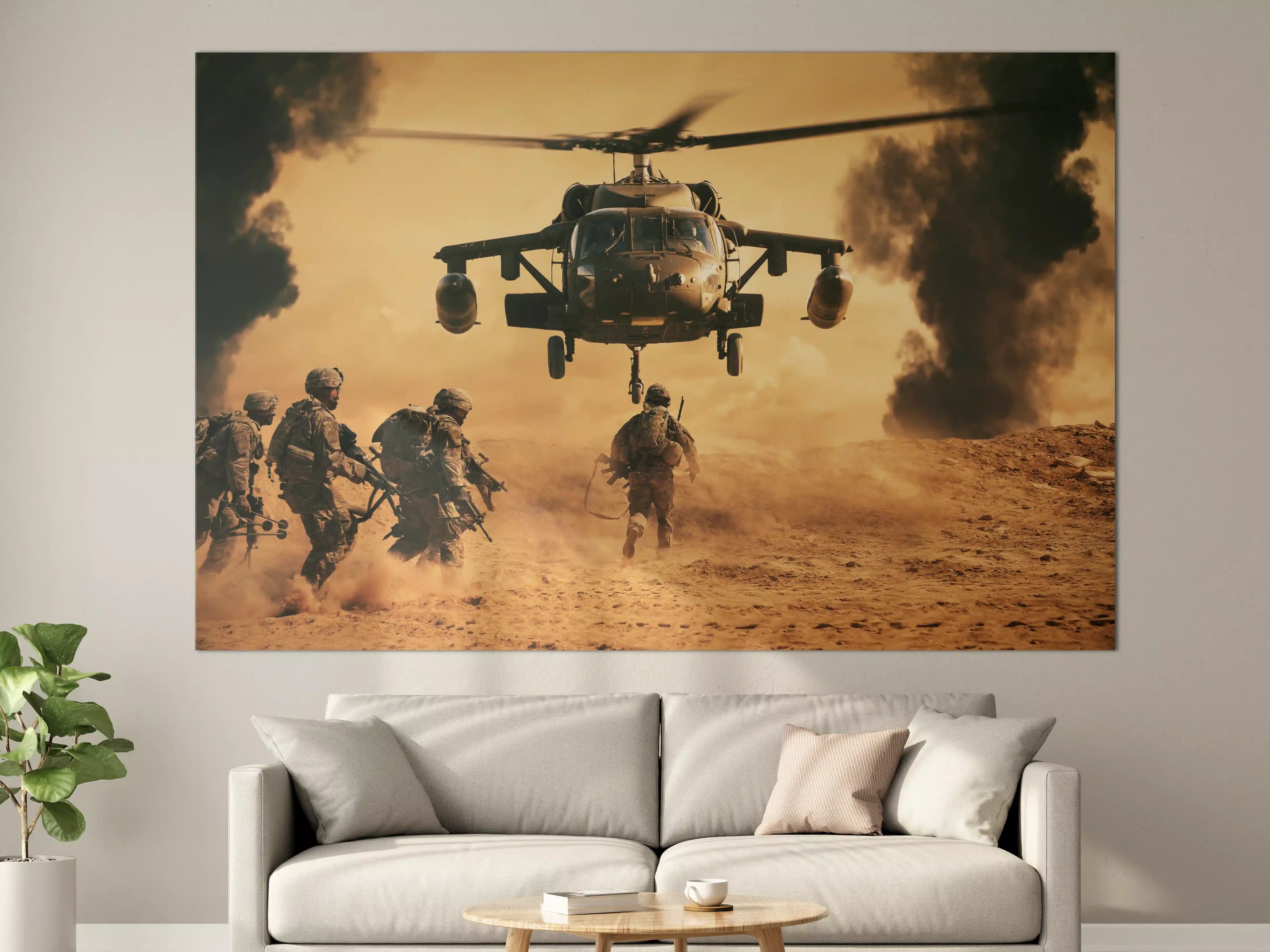 Große Wandbilder - Soldaten rennen auf dem Schlachtfeld zum Hubschrauber
