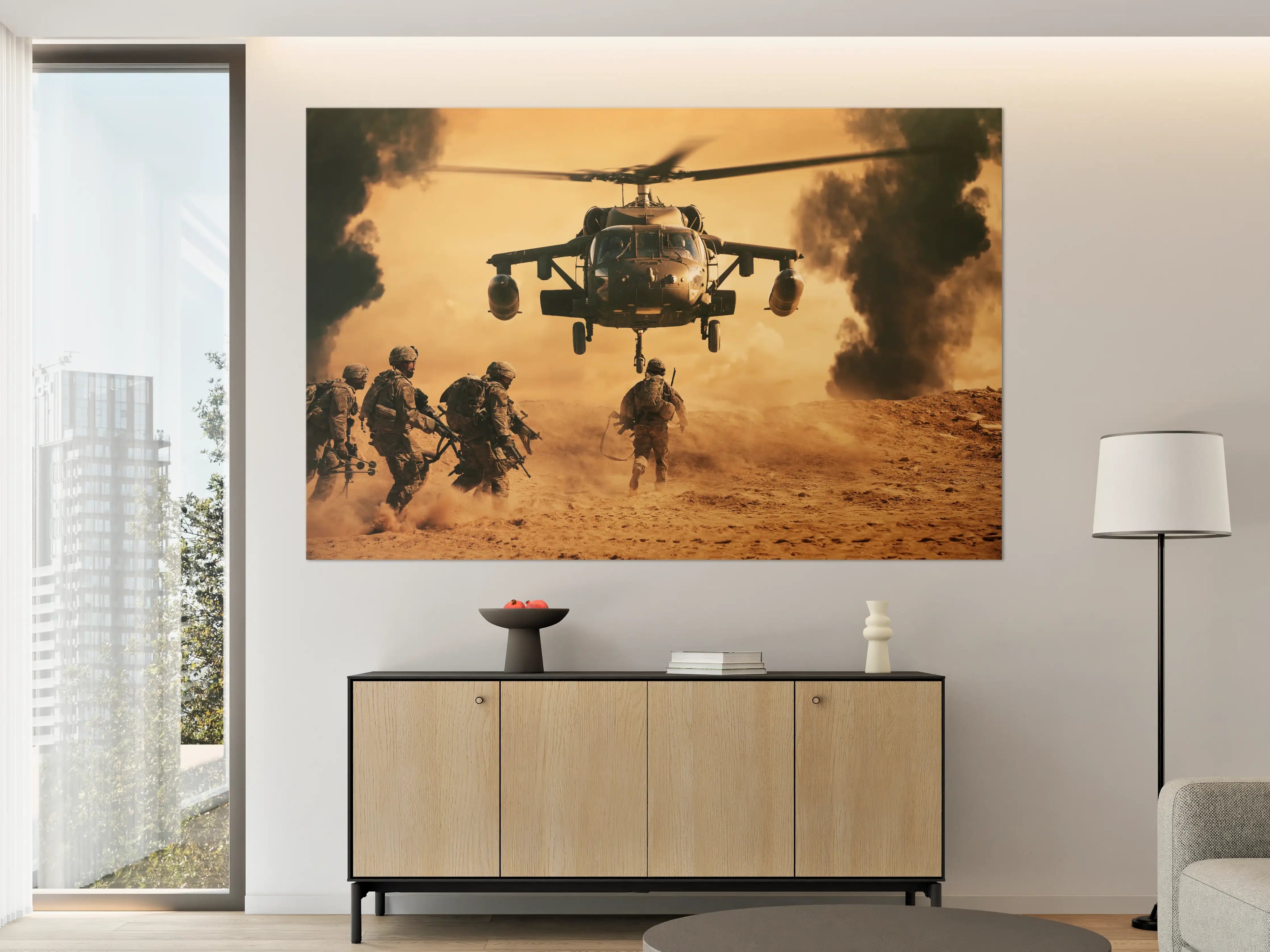 Große Wandbilder - Soldaten rennen auf dem Schlachtfeld zum Hubschrauber