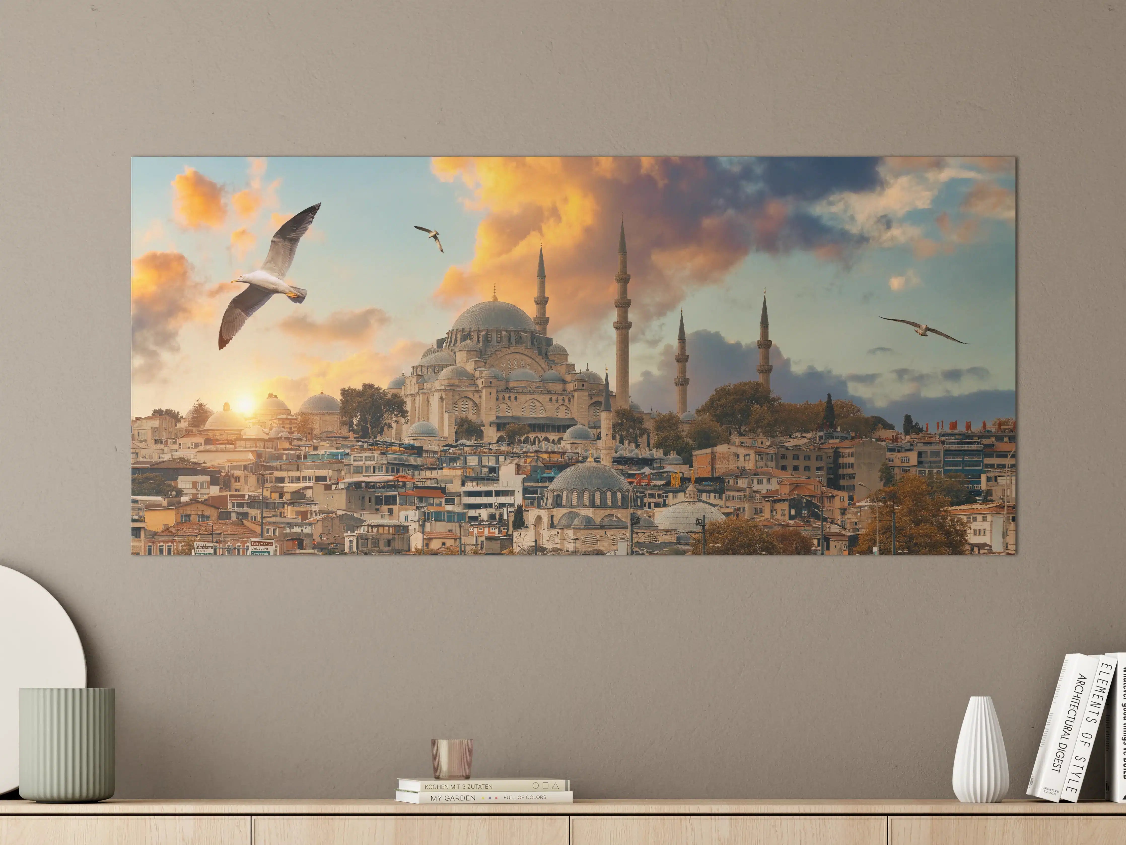 Große Wandbilder - Sonne geht über der Moschee auf, dramatischer Himmel mit Wolken