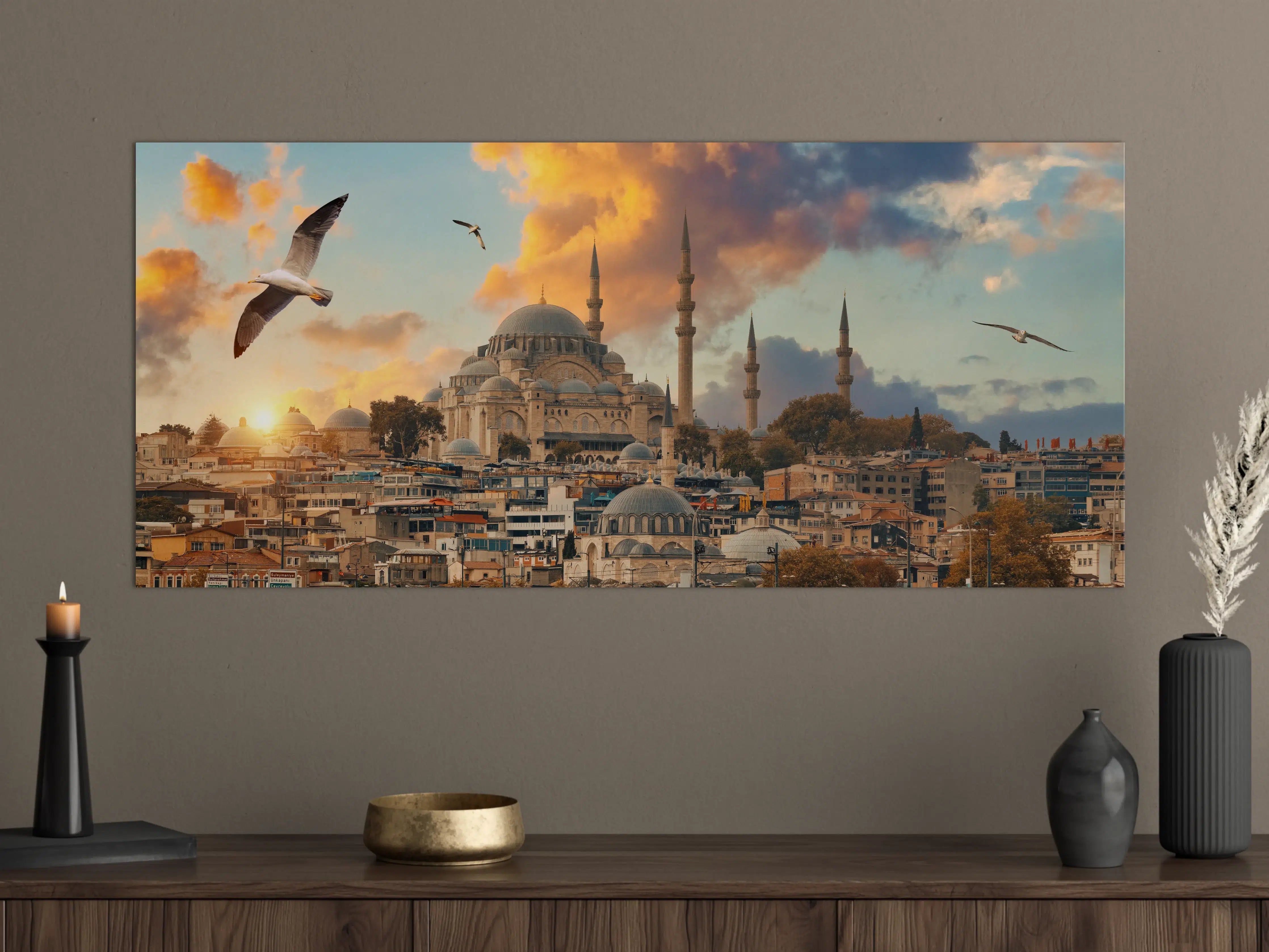 Große Wandbilder - Sonne geht über der Moschee auf, dramatischer Himmel mit Wolken