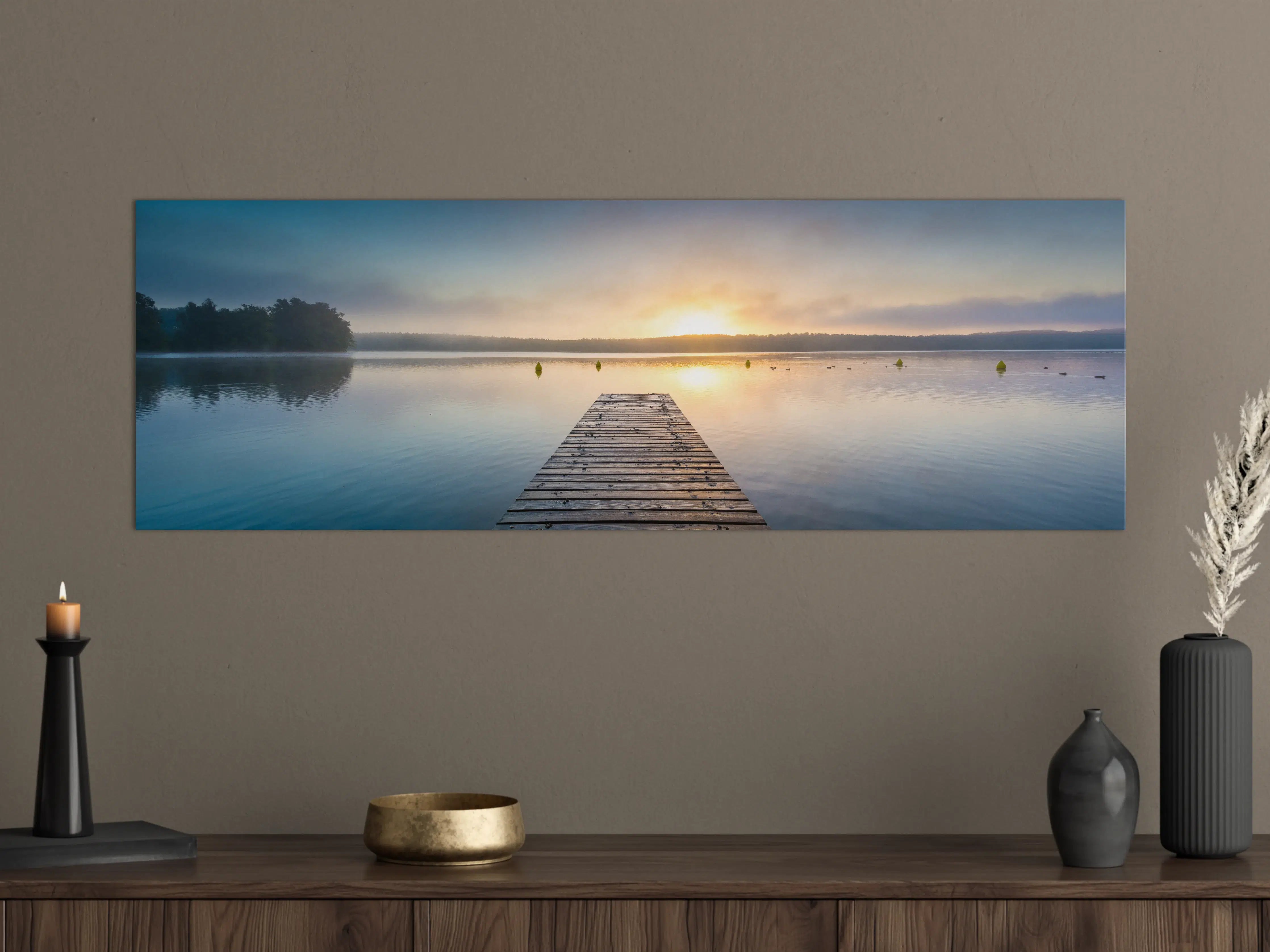 Große Wandbilder - Sonnenaufgang am See mit Nebel