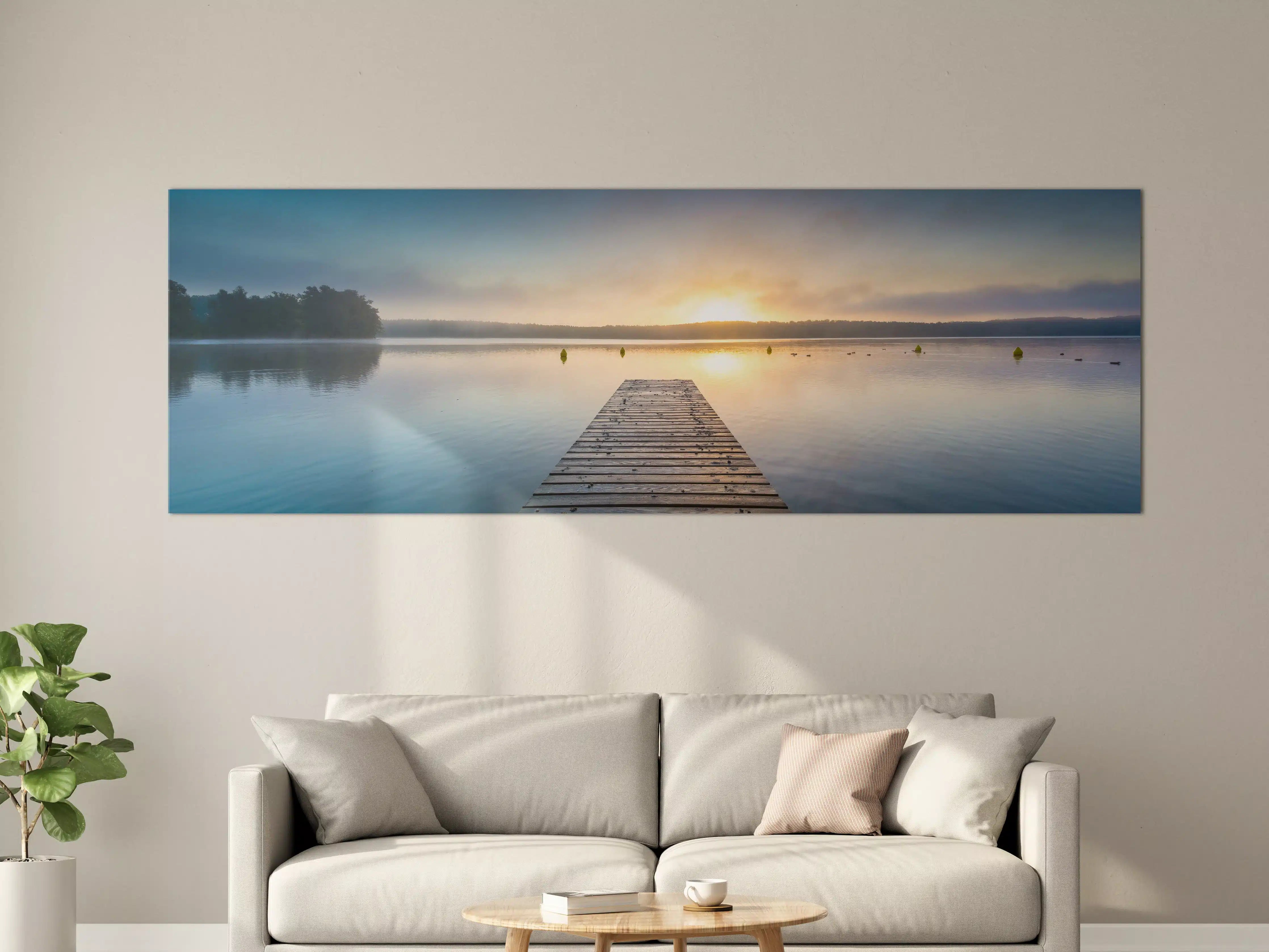 Große Wandbilder - Sonnenaufgang am See mit Nebel