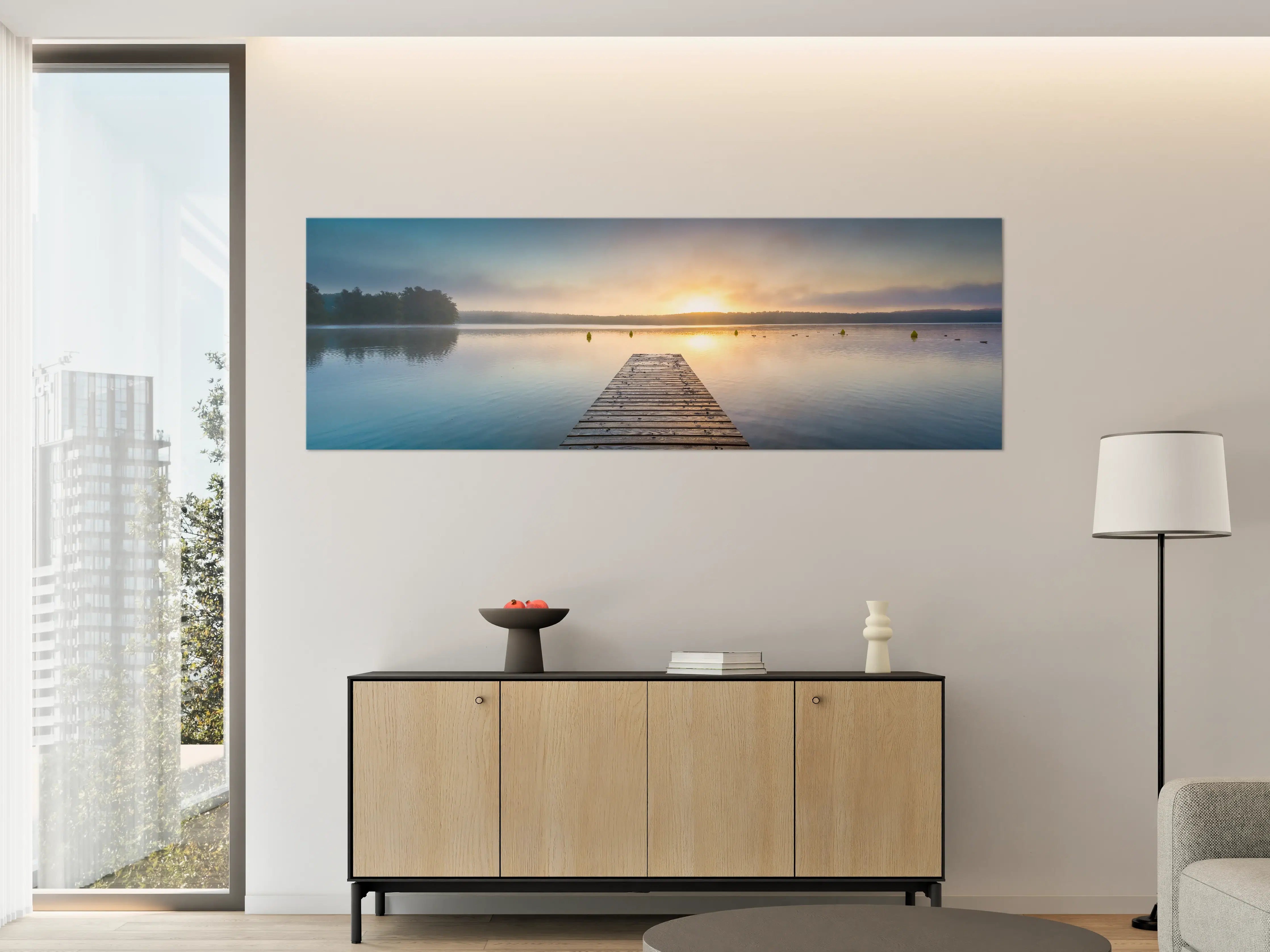 Große Wandbilder - Sonnenaufgang am See mit Nebel