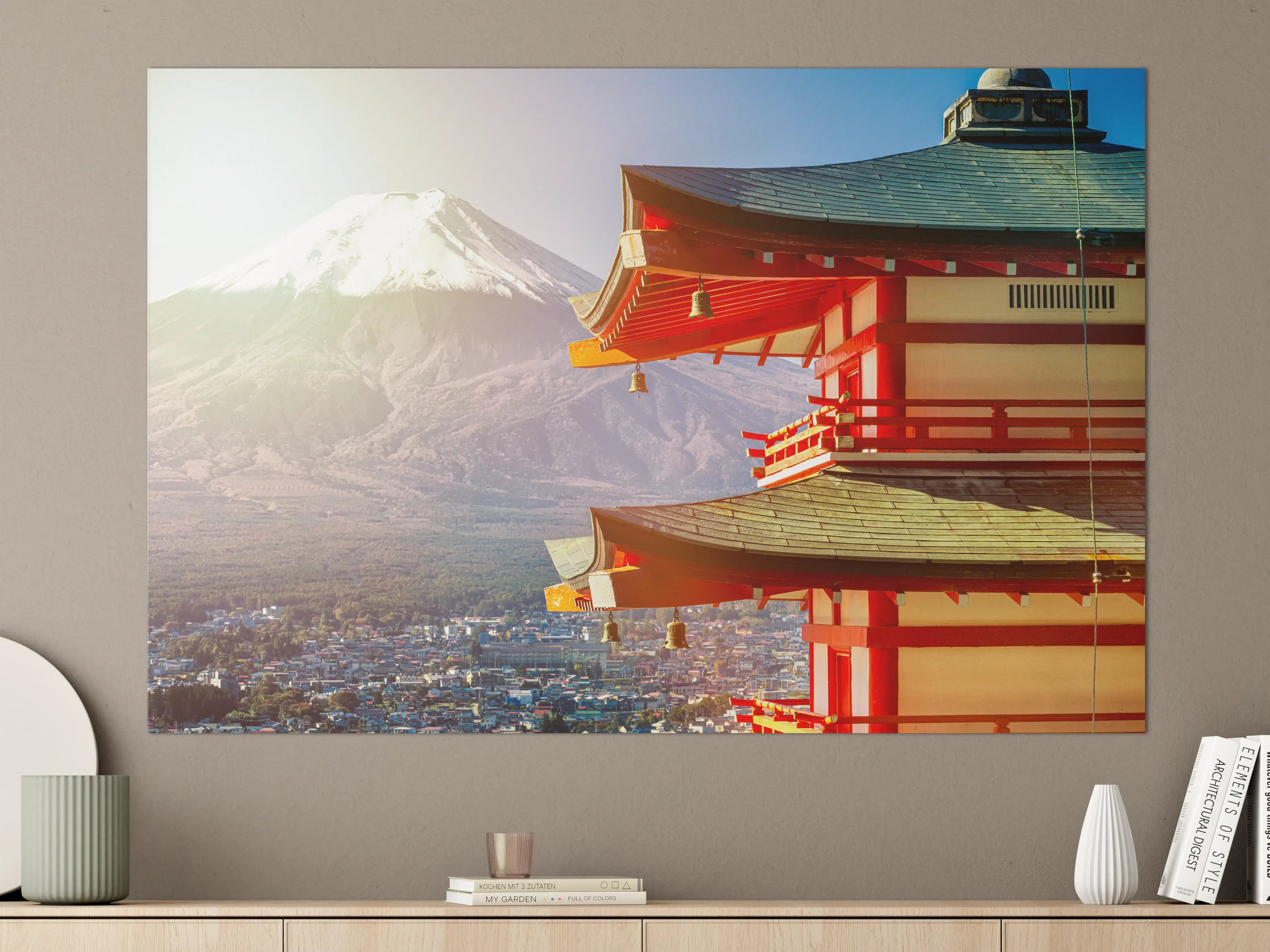 Große Wandbilder - Sonnenaufgang des Berges Fuji und rote Pagode