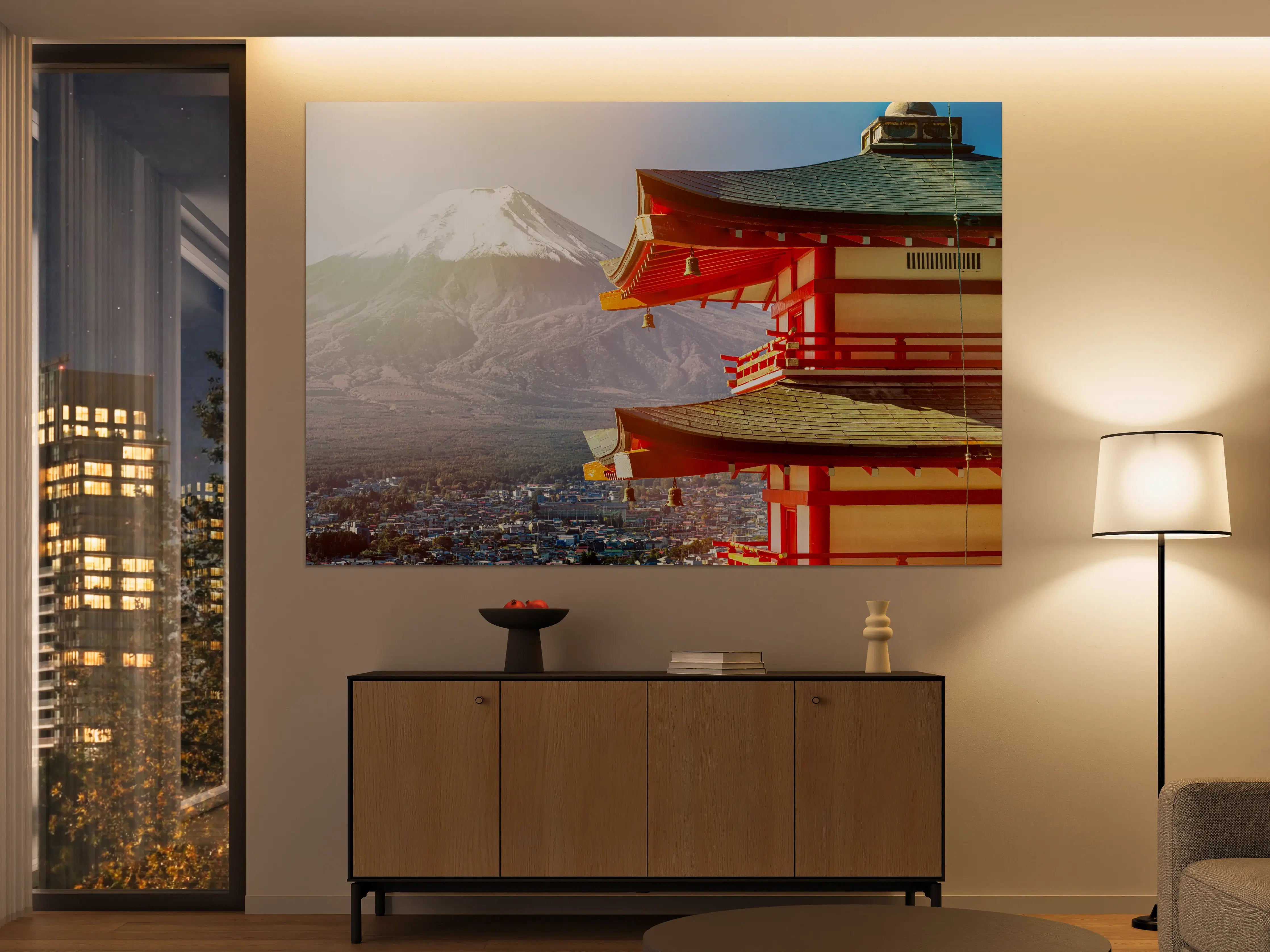 Große Wandbilder - Sonnenaufgang des Berges Fuji und rote Pagode